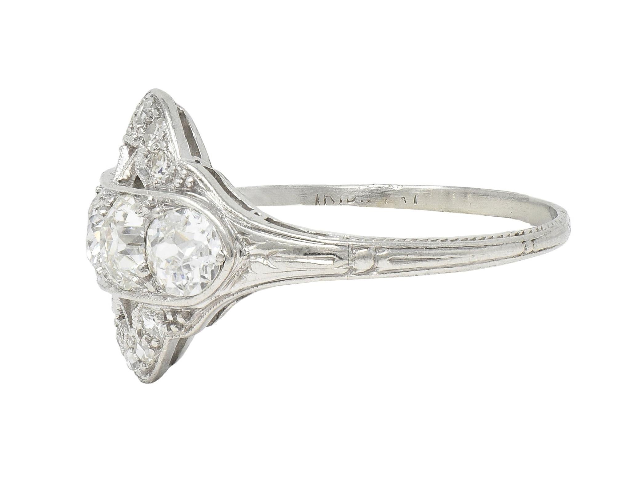 Art Deco 1.12 CTW Old European Diamond Platinum Floral Vintage Dinner Ring