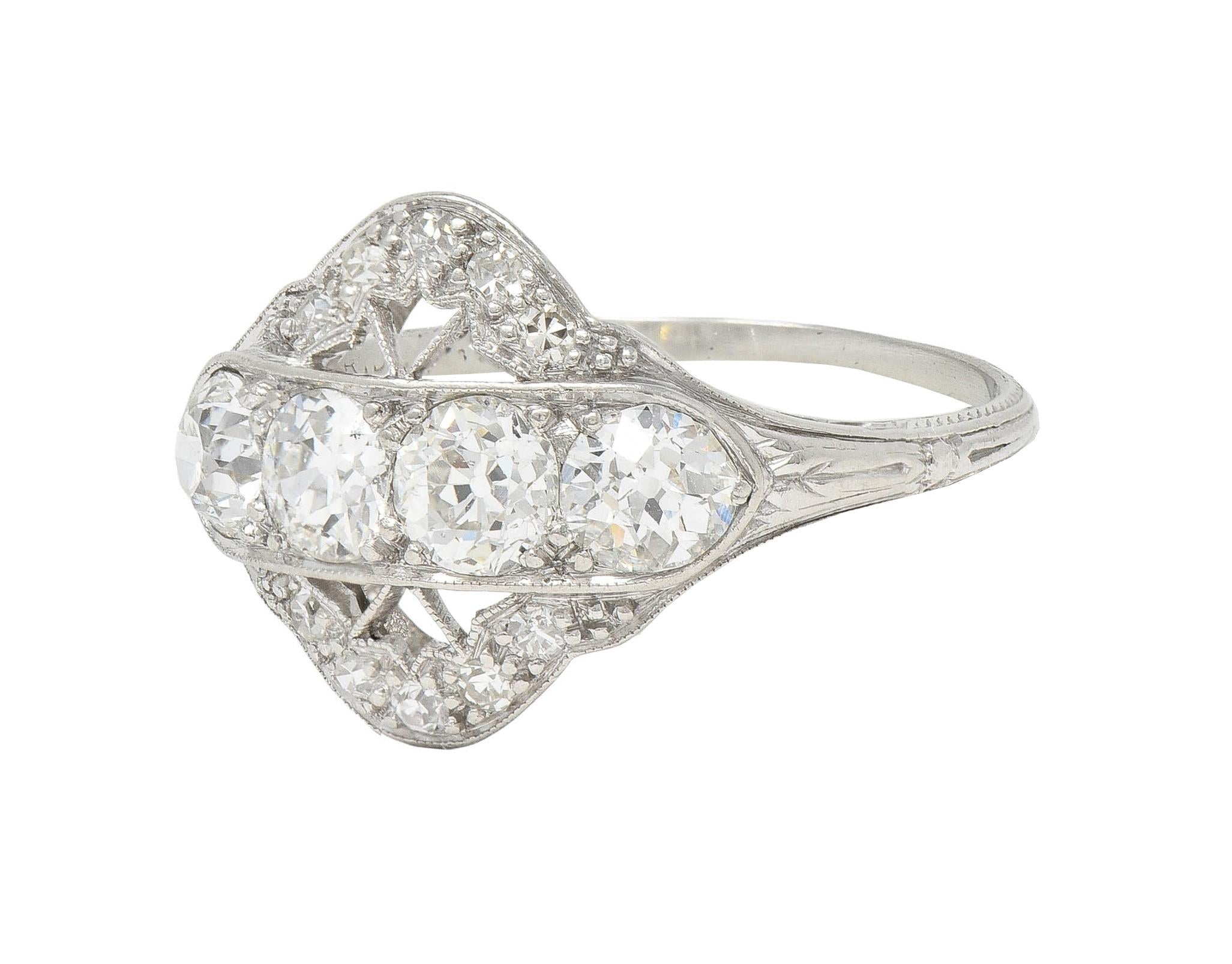 Art Deco 1.12 CTW Old European Diamond Platinum Floral Vintage Dinner Ring