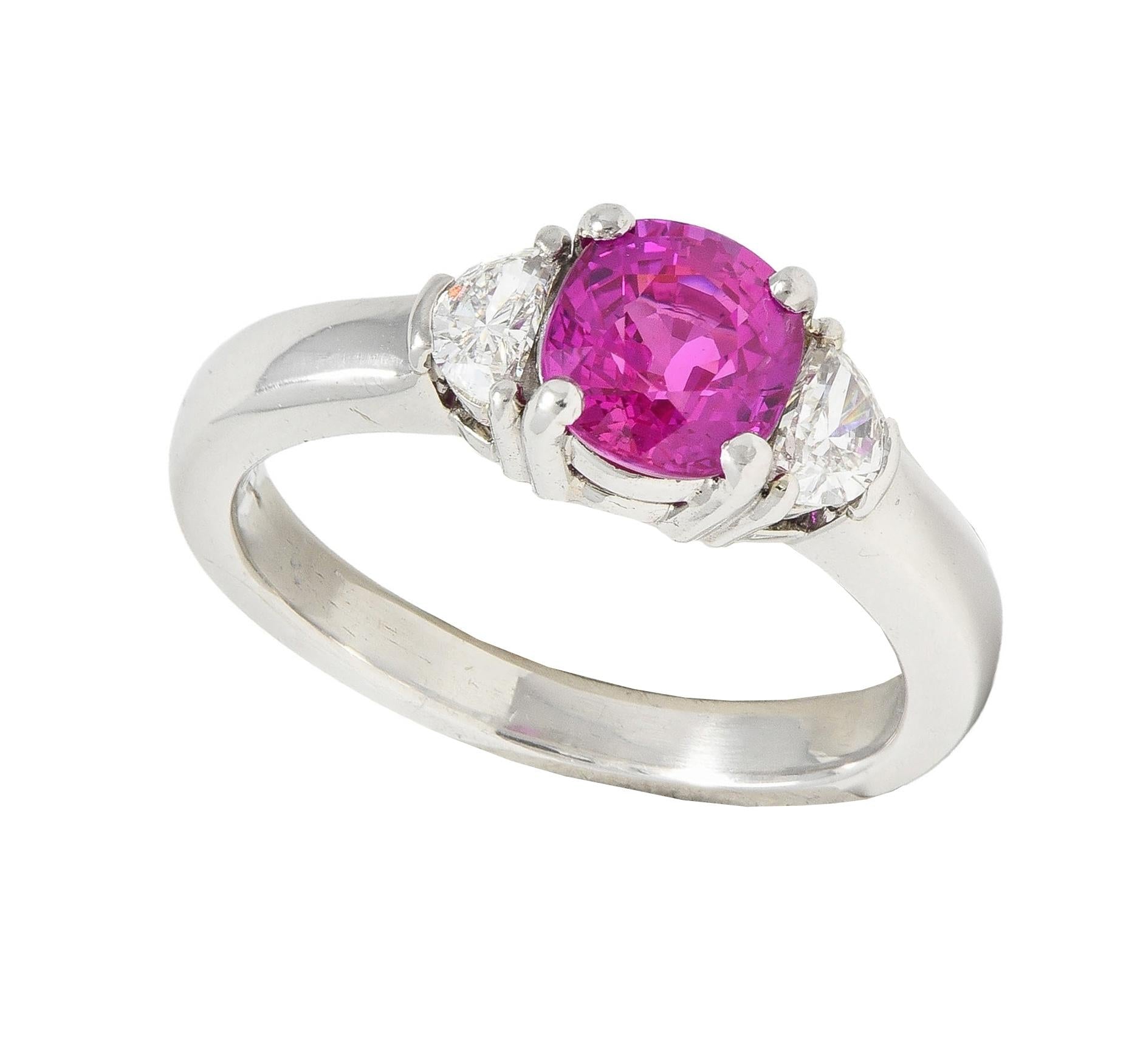 1990's 1.78 CTW Pink Sapphire Diamond Platinum Vintage Three Stone Ring