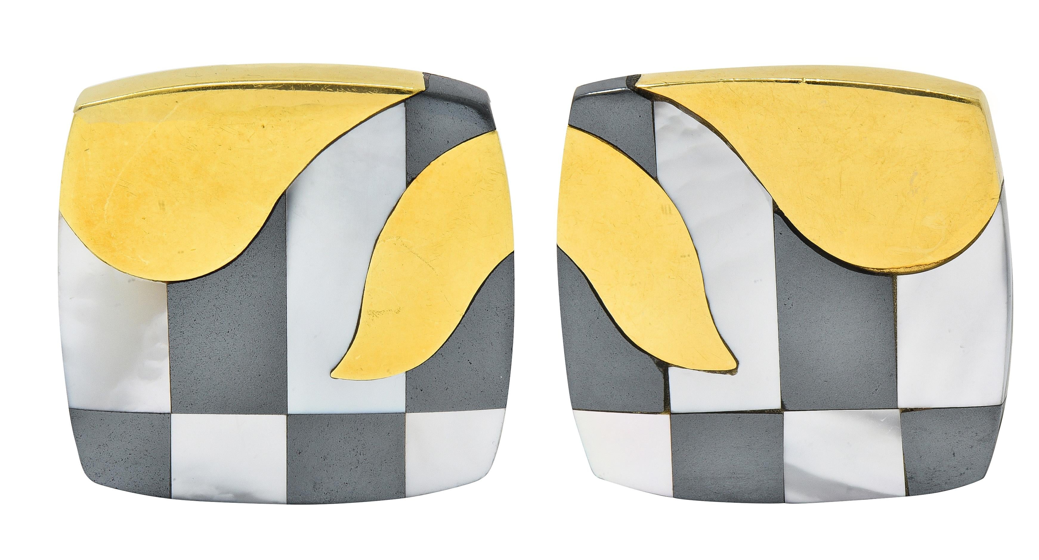 Tiffany & Co. Mother-Of-Pearl Hematite 18K Gold Vintage Cushion Inlay Earrings