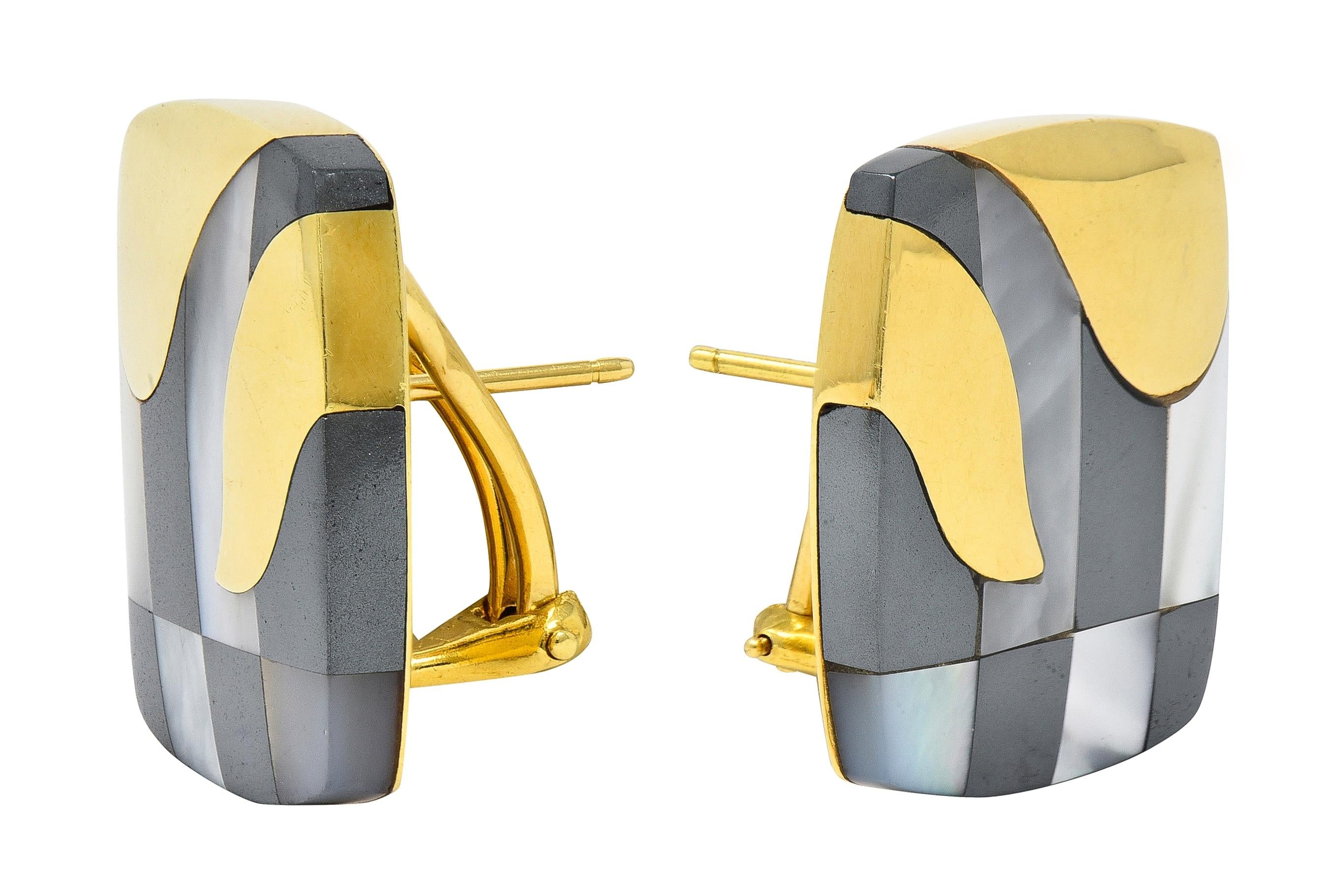 Tiffany & Co. Mother-Of-Pearl Hematite 18K Gold Vintage Cushion Inlay Earrings