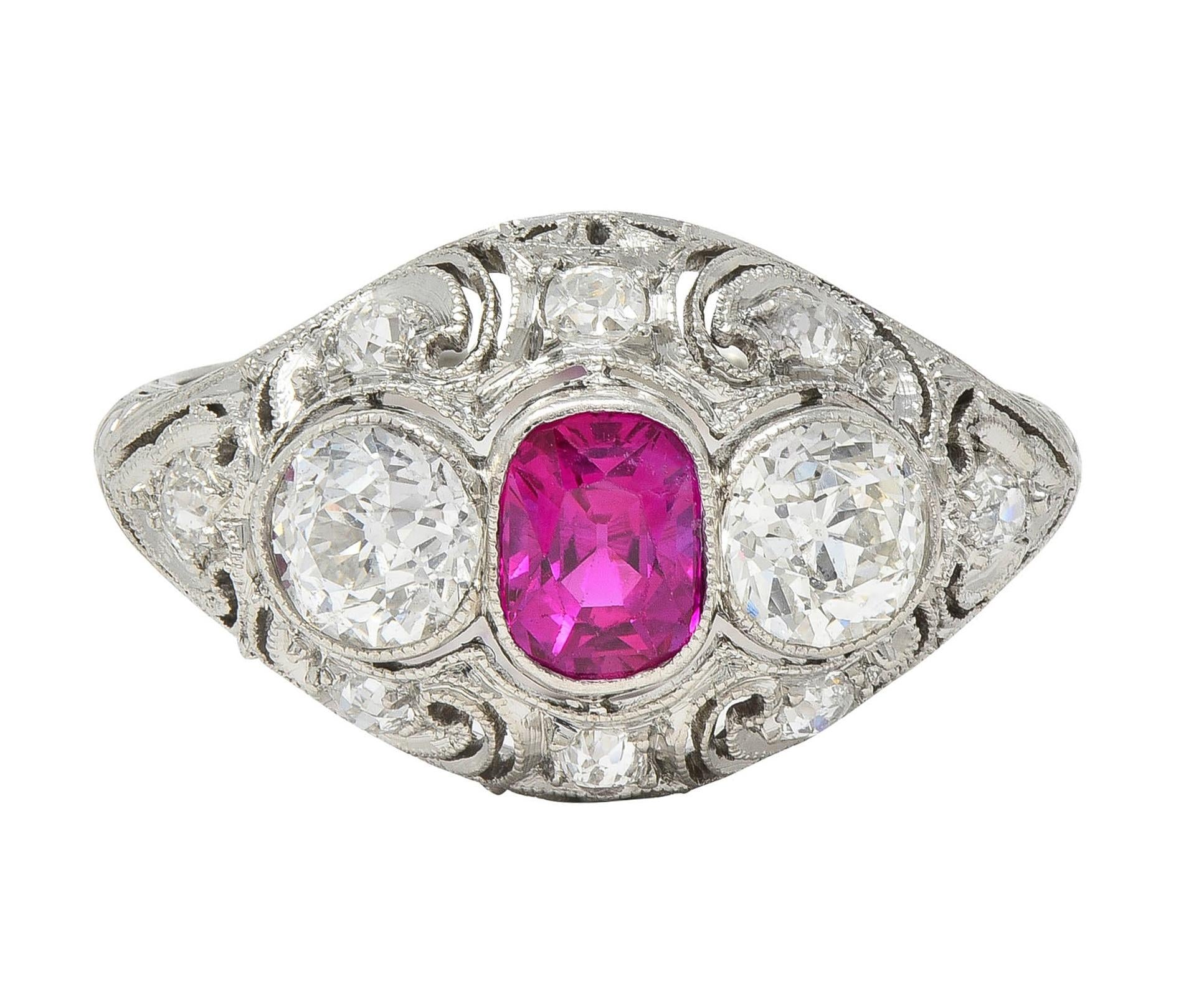 Art Deco 1.75 CTW No Heat Burma Ruby Diamond Platinum Vintage Bombé Ring GIA