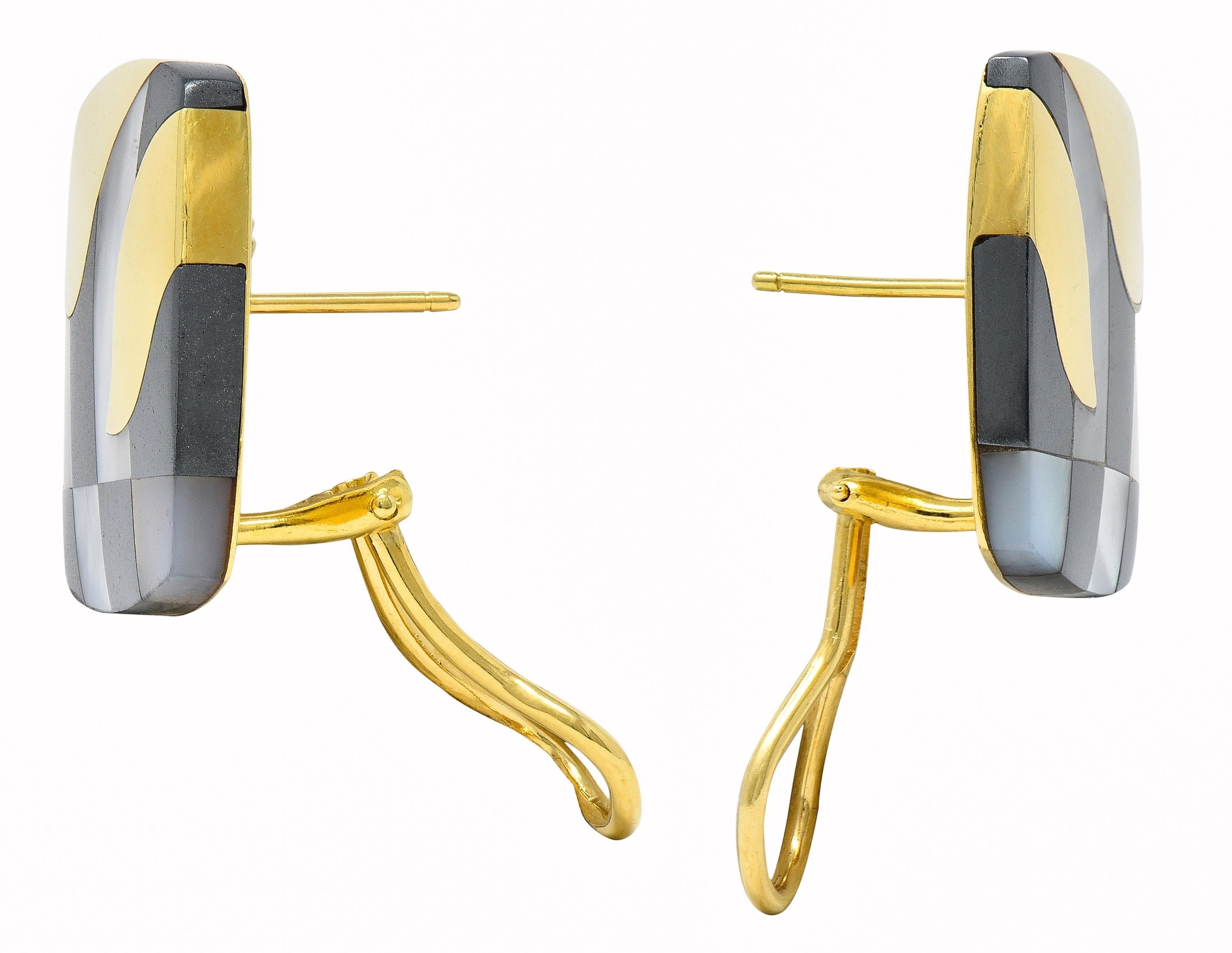 Tiffany & Co. Mother-Of-Pearl Hematite 18K Gold Vintage Cushion Inlay Earrings