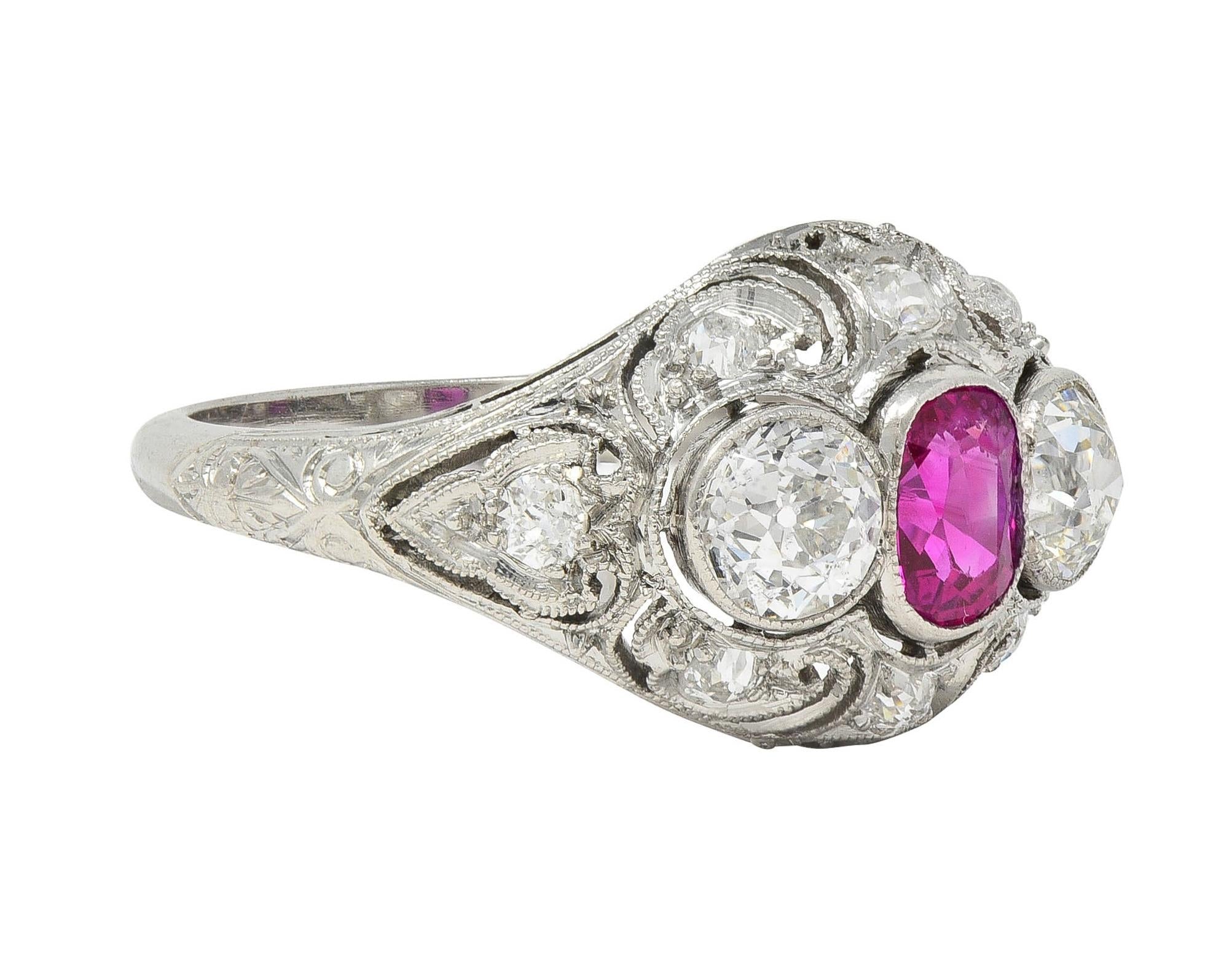 Art Deco 1.75 CTW No Heat Burma Ruby Diamond Platinum Vintage Bombé Ring GIA