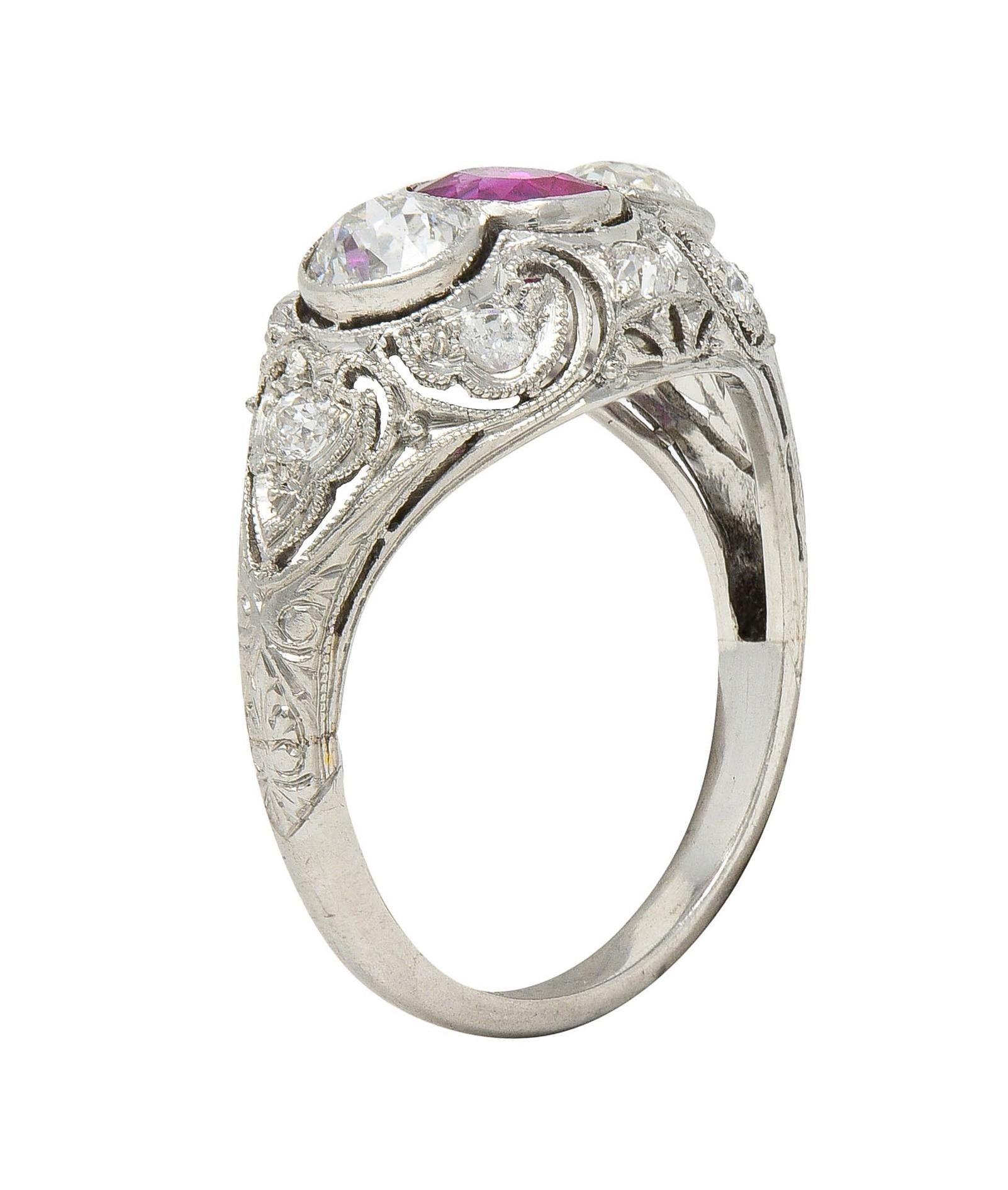 Art Deco 1.75 CTW No Heat Burma Ruby Diamond Platinum Vintage Bombé Ring GIA