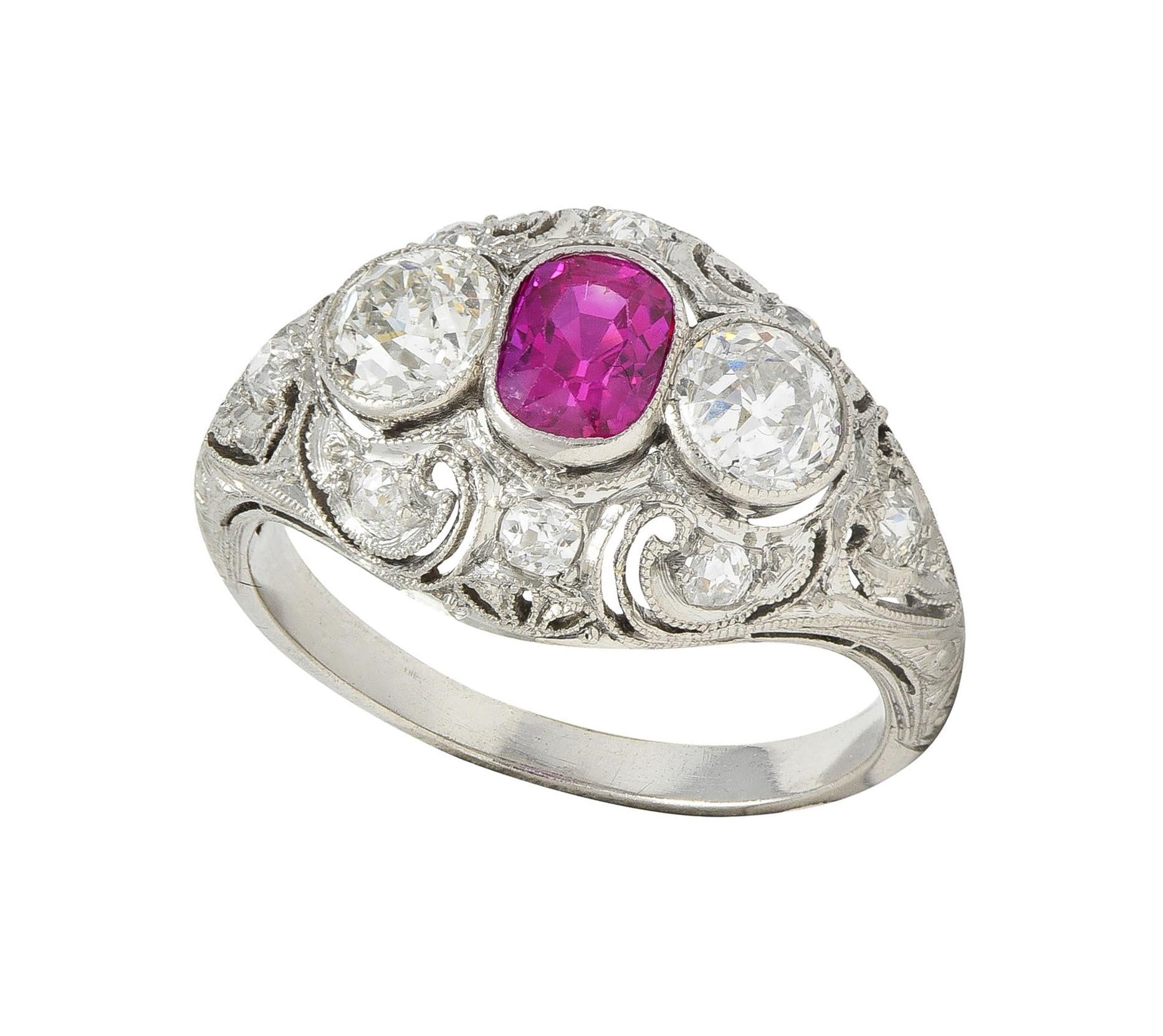 Art Deco 1.75 CTW No Heat Burma Ruby Diamond Platinum Vintage Bombé Ring GIA