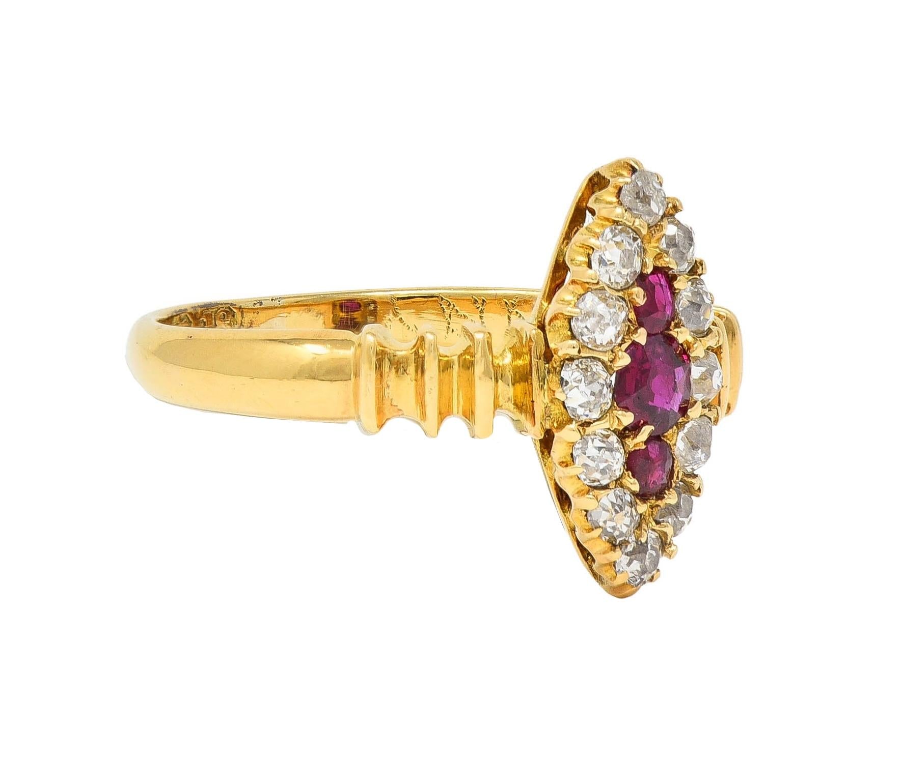 Victorian 0.62 CTW Ruby Diamond 18 Karat Yellow Gold Antique Navette Ring