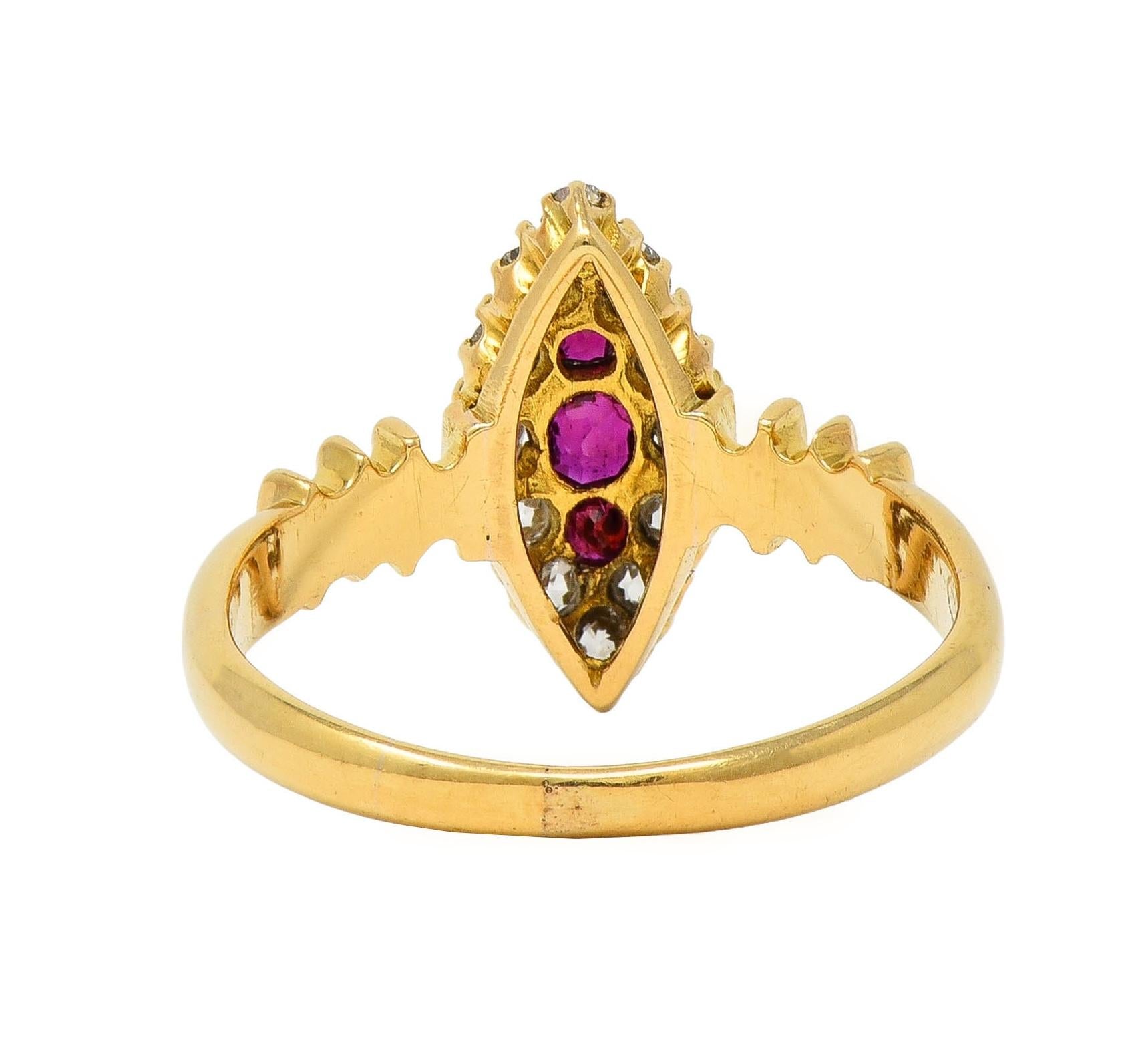 Victorian 0.62 CTW Ruby Diamond 18 Karat Yellow Gold Antique Navette Ring