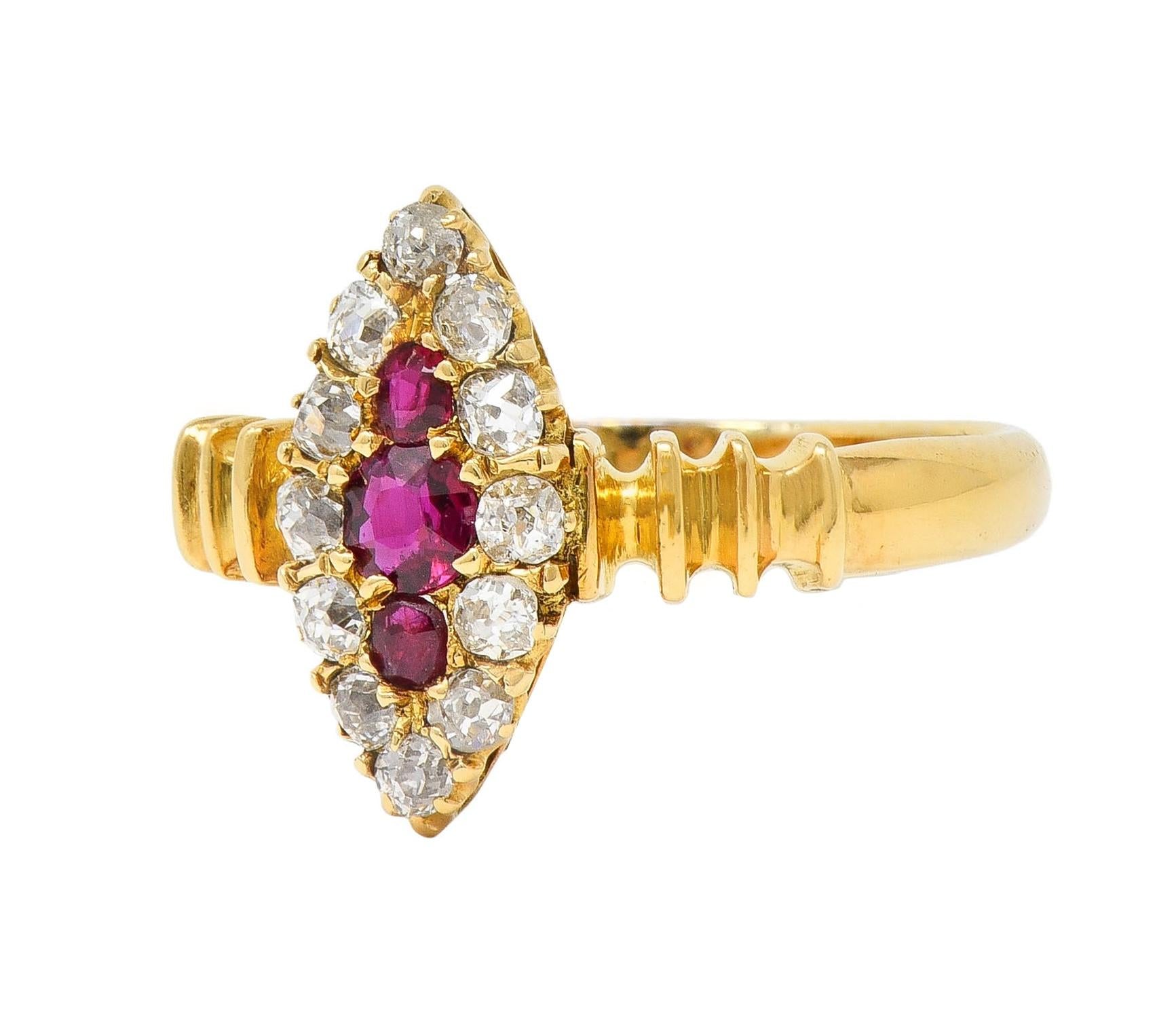 Victorian 0.62 CTW Ruby Diamond 18 Karat Yellow Gold Antique Navette Ring