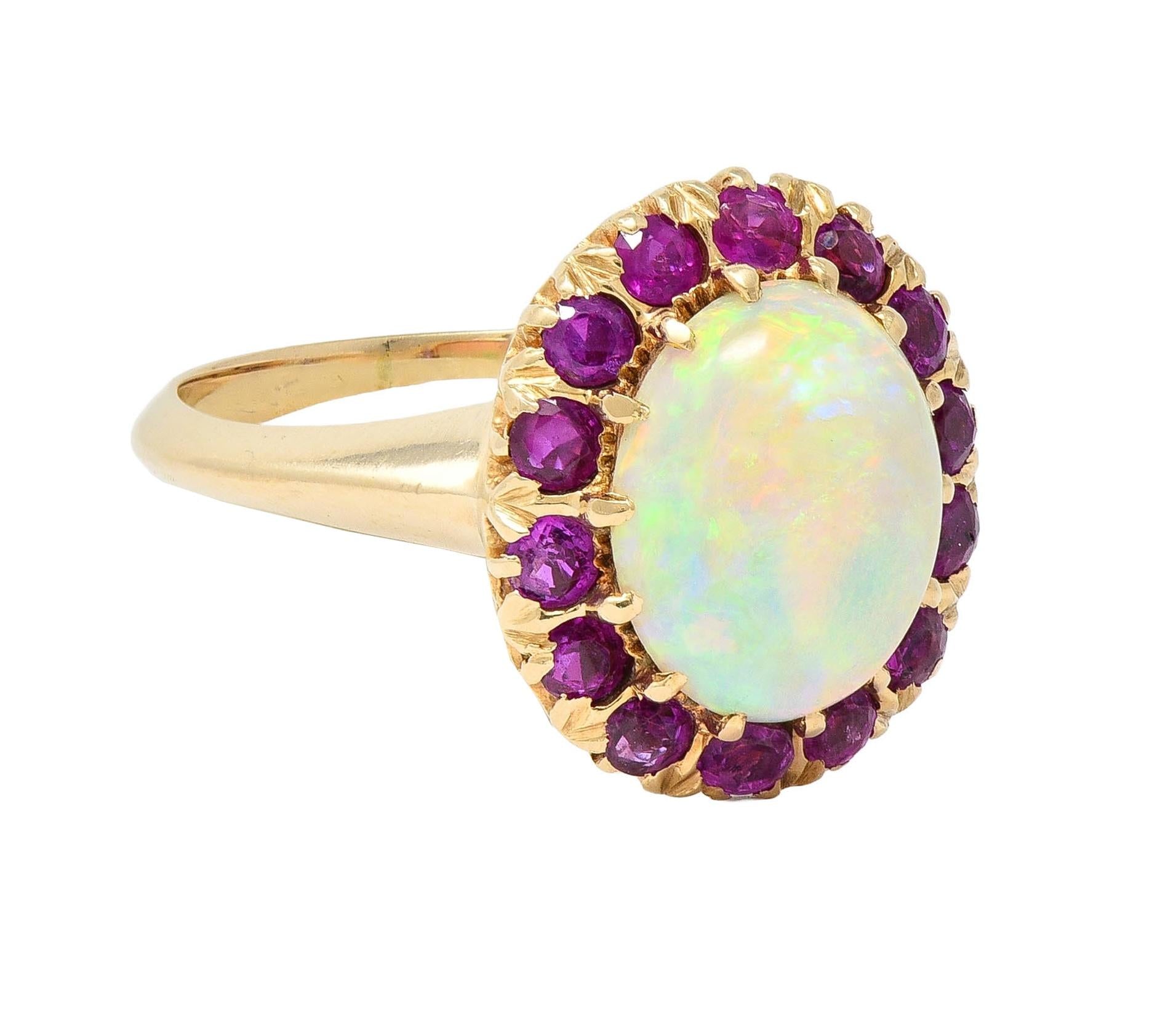 Retro Pink Sapphire Opal 14 Karat Yellow Gold Vintage Halo Ring