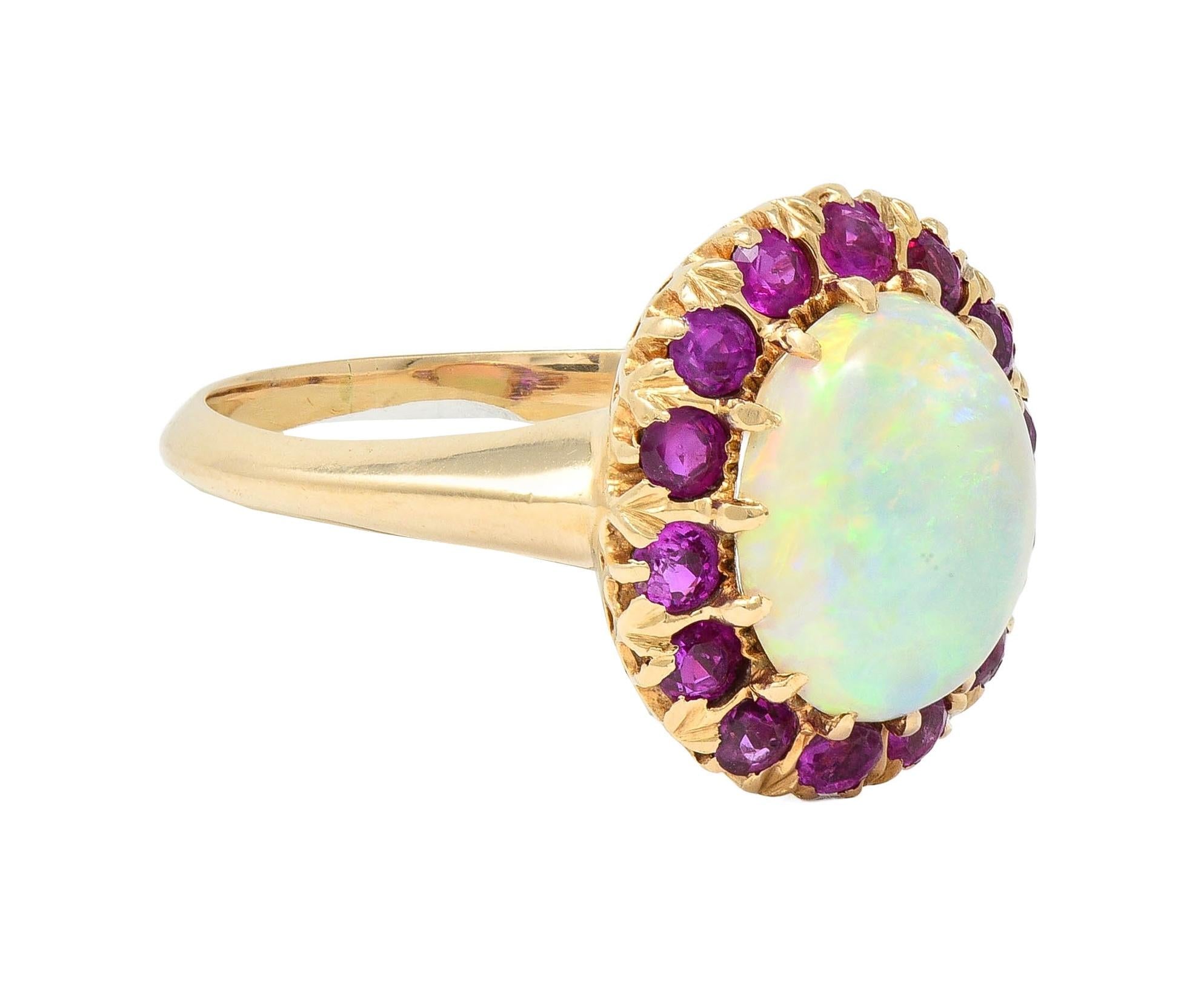 Retro Pink Sapphire Opal 14 Karat Yellow Gold Vintage Halo Ring