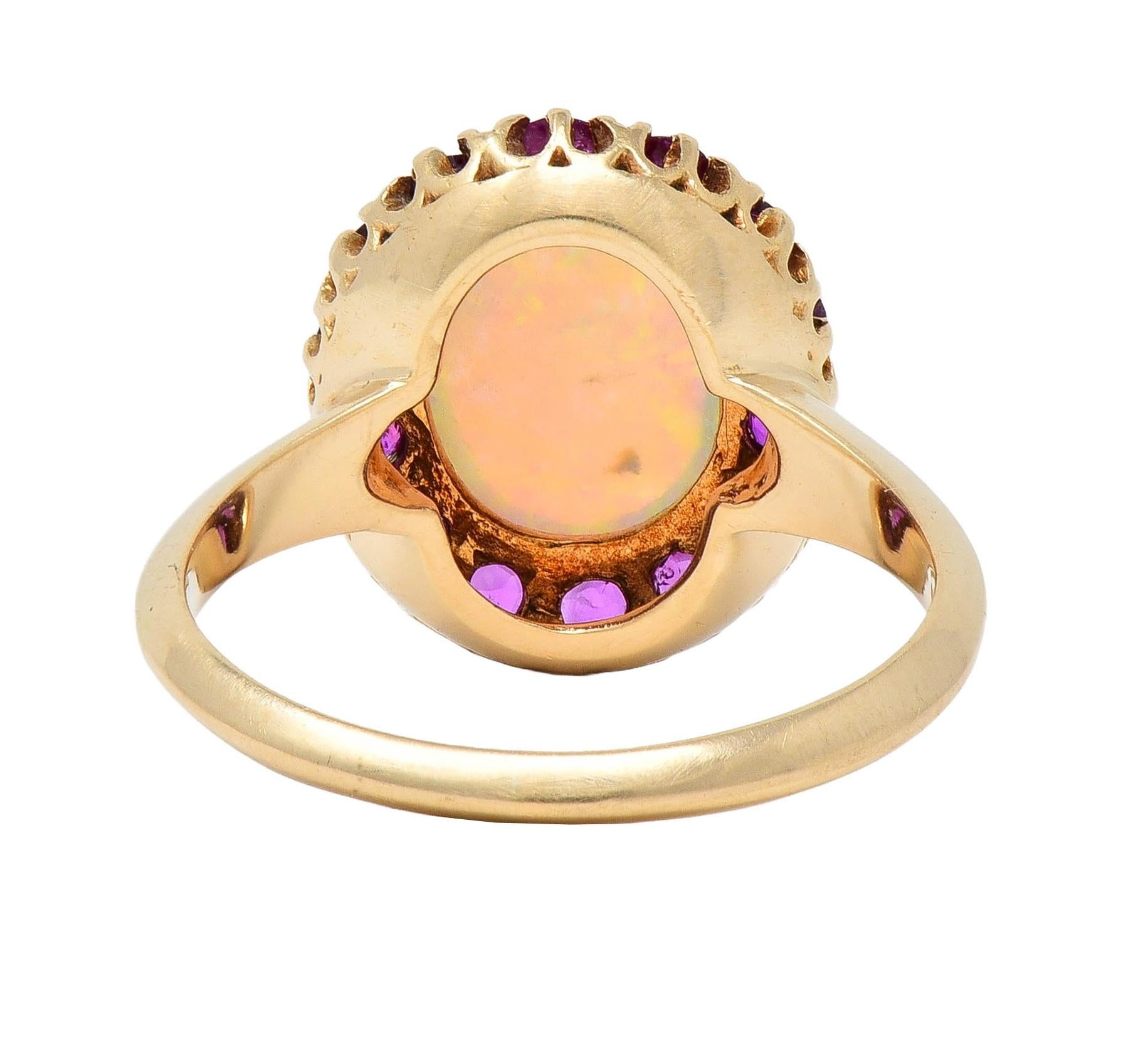 Retro Pink Sapphire Opal 14 Karat Yellow Gold Vintage Halo Ring