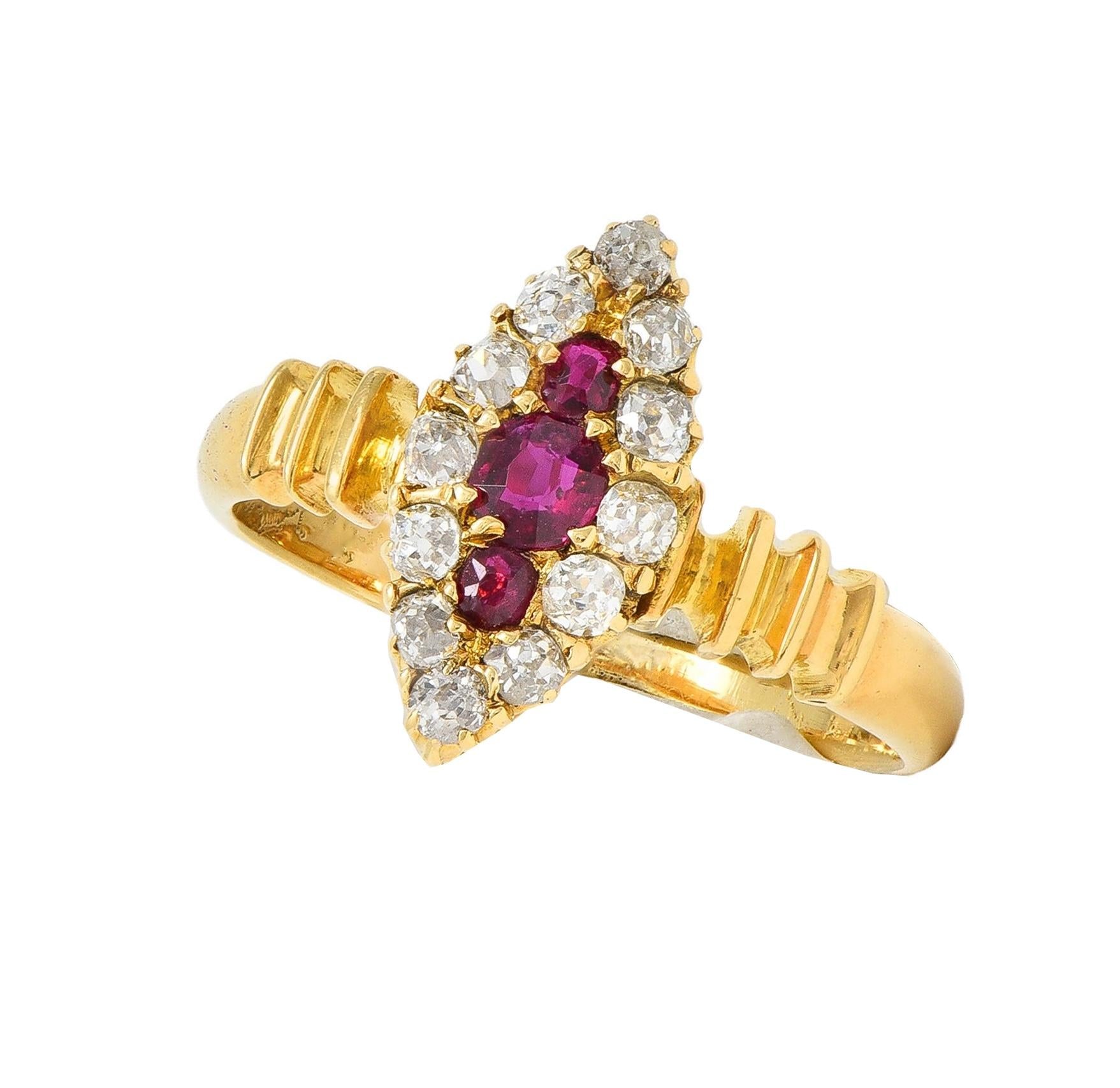 Victorian 0.62 CTW Ruby Diamond 18 Karat Yellow Gold Antique Navette Ring