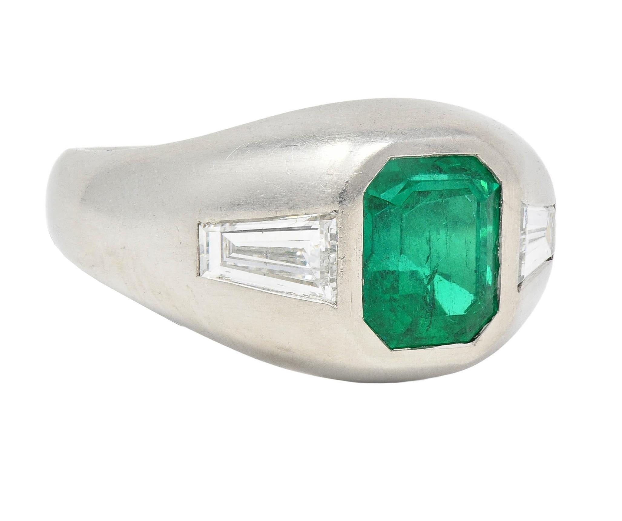 1960's 3.70 CTW Emerald Diamond Platinum Vintage Three Stone Ring