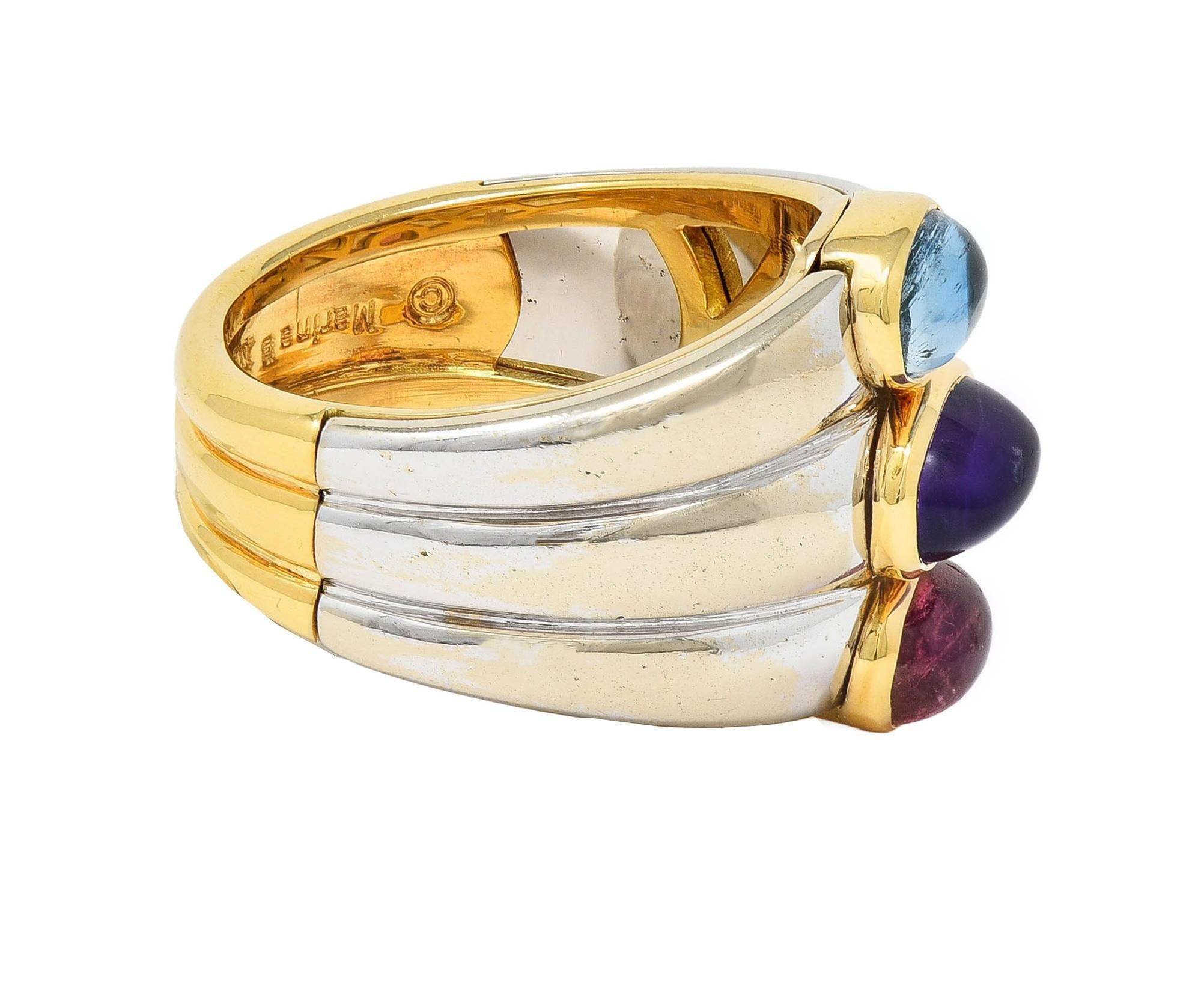 Marina B. 1980's Tourmaline Amethyst Topaz 18 Karat Two-Tone Gold Vintage Ring