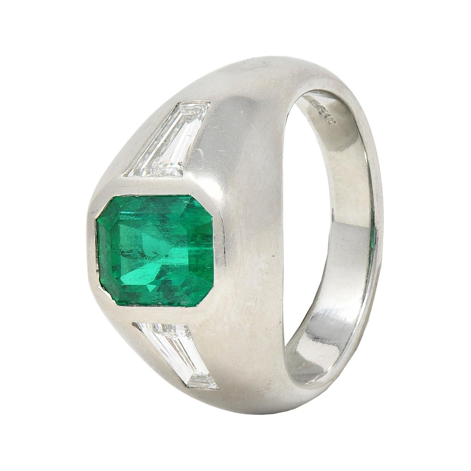 1960's 3.70 CTW Emerald Diamond Platinum Vintage Three Stone Ring