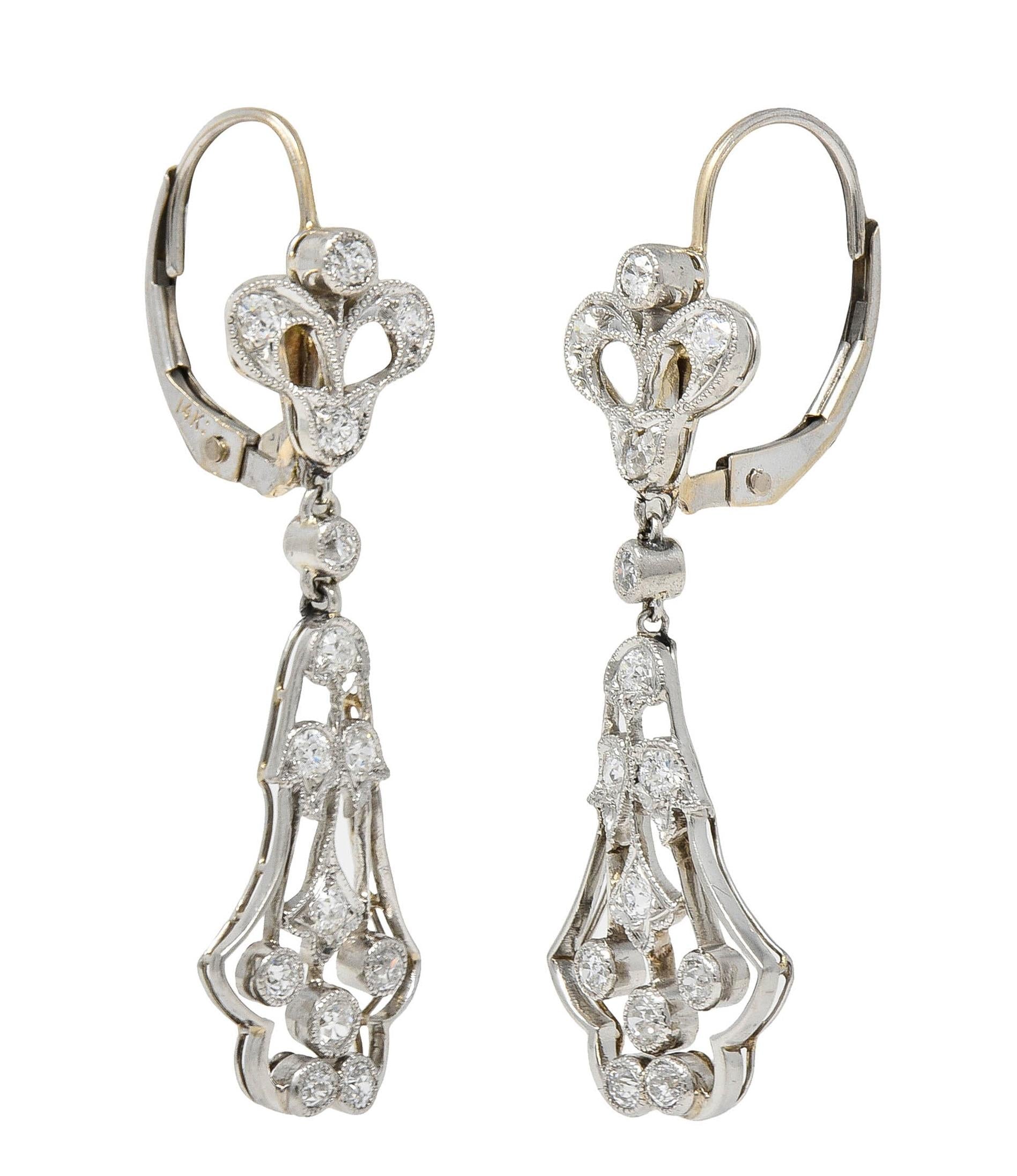 Art Deco Old European Cut Diamond Platinum Antique Lily Drop Earrings