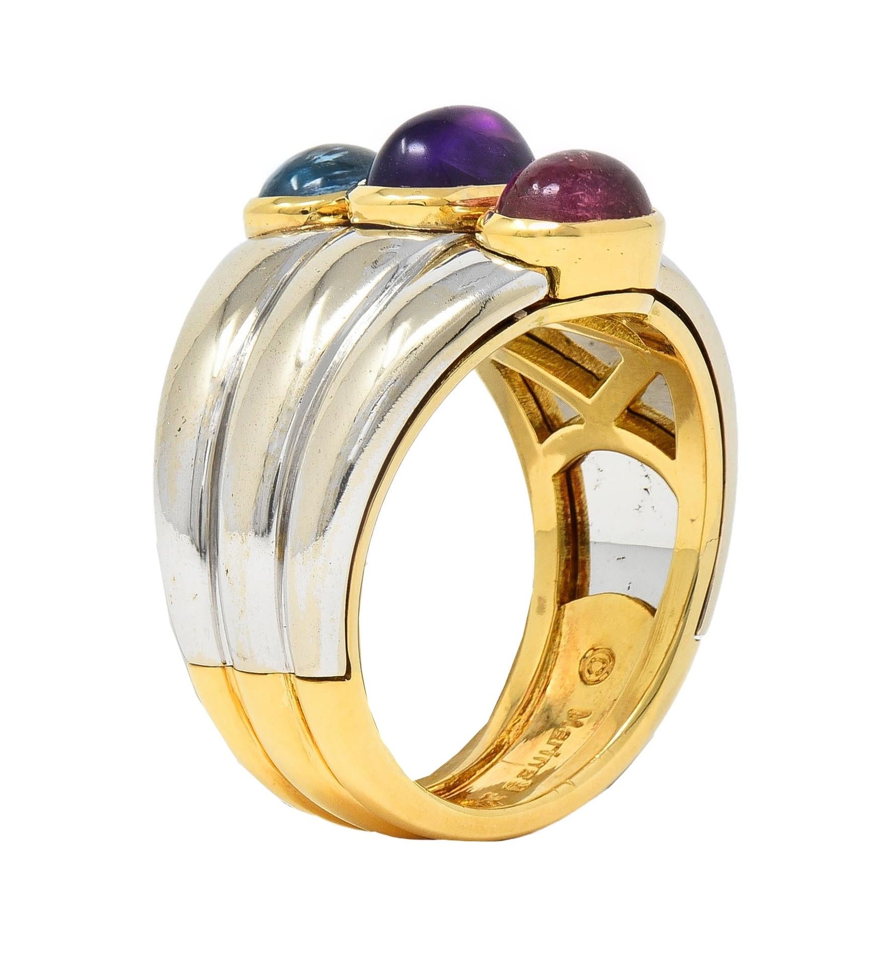 Marina B. 1980's Tourmaline Amethyst Topaz 18 Karat Two-Tone Gold Vintage Ring