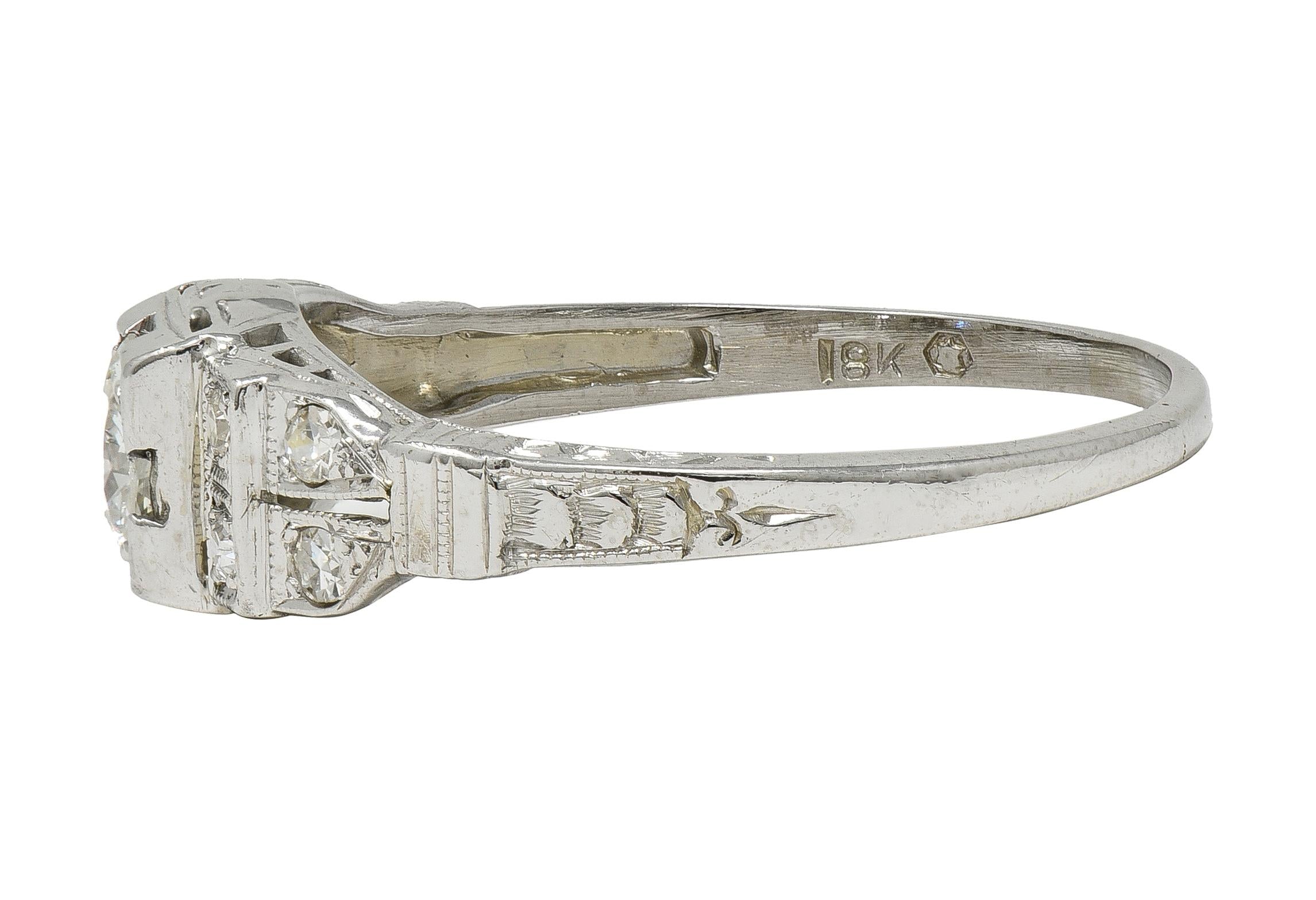 Art Deco Old European Cut Diamond 18K White Gold Vintage Stepped Engagement Ring
