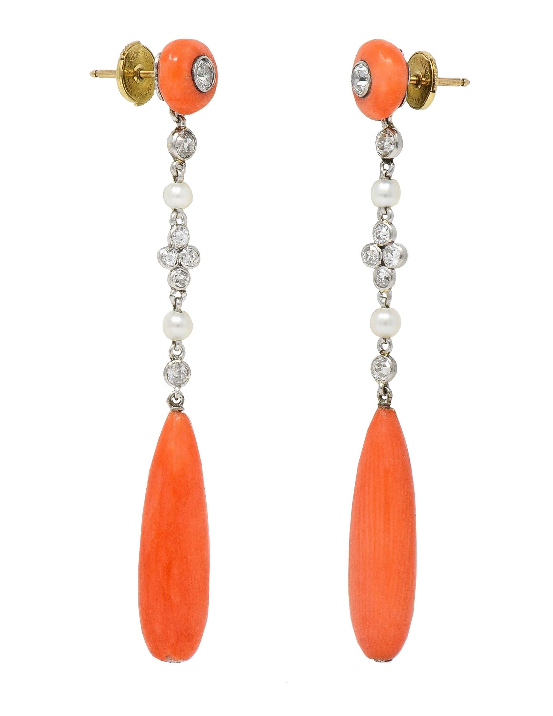 Art Deco Old European Cut Diamond Coral Pearl Platinum Antique Drop Earrings