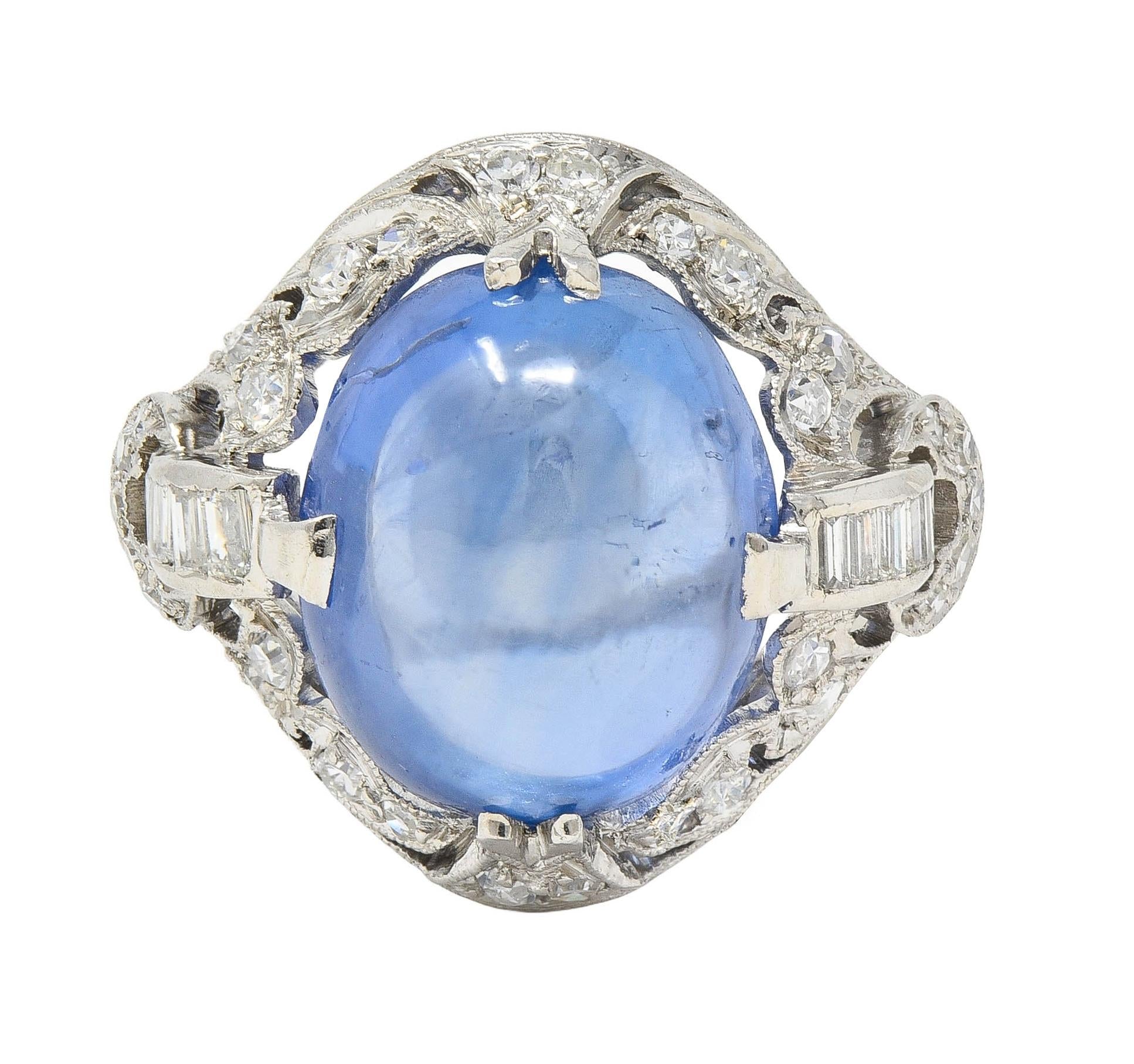 Art Deco 14.90 CTW Ceylon Sapphire Diamond Platinum Vintage Buckle Dinner Ring