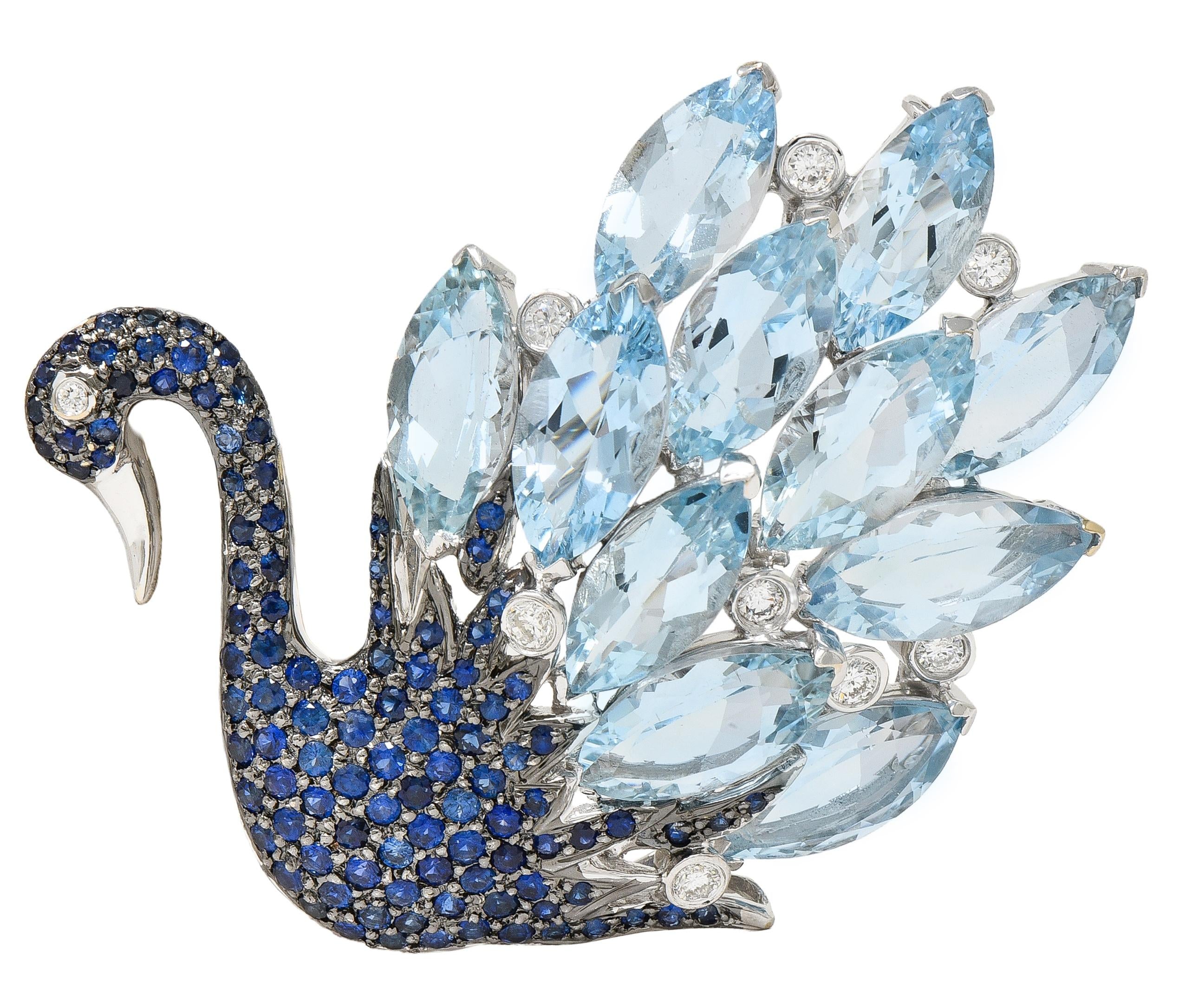 Contemporary 38.90 CTW Sapphire Aquamarine Diamond 18K White Gold Swan Brooch