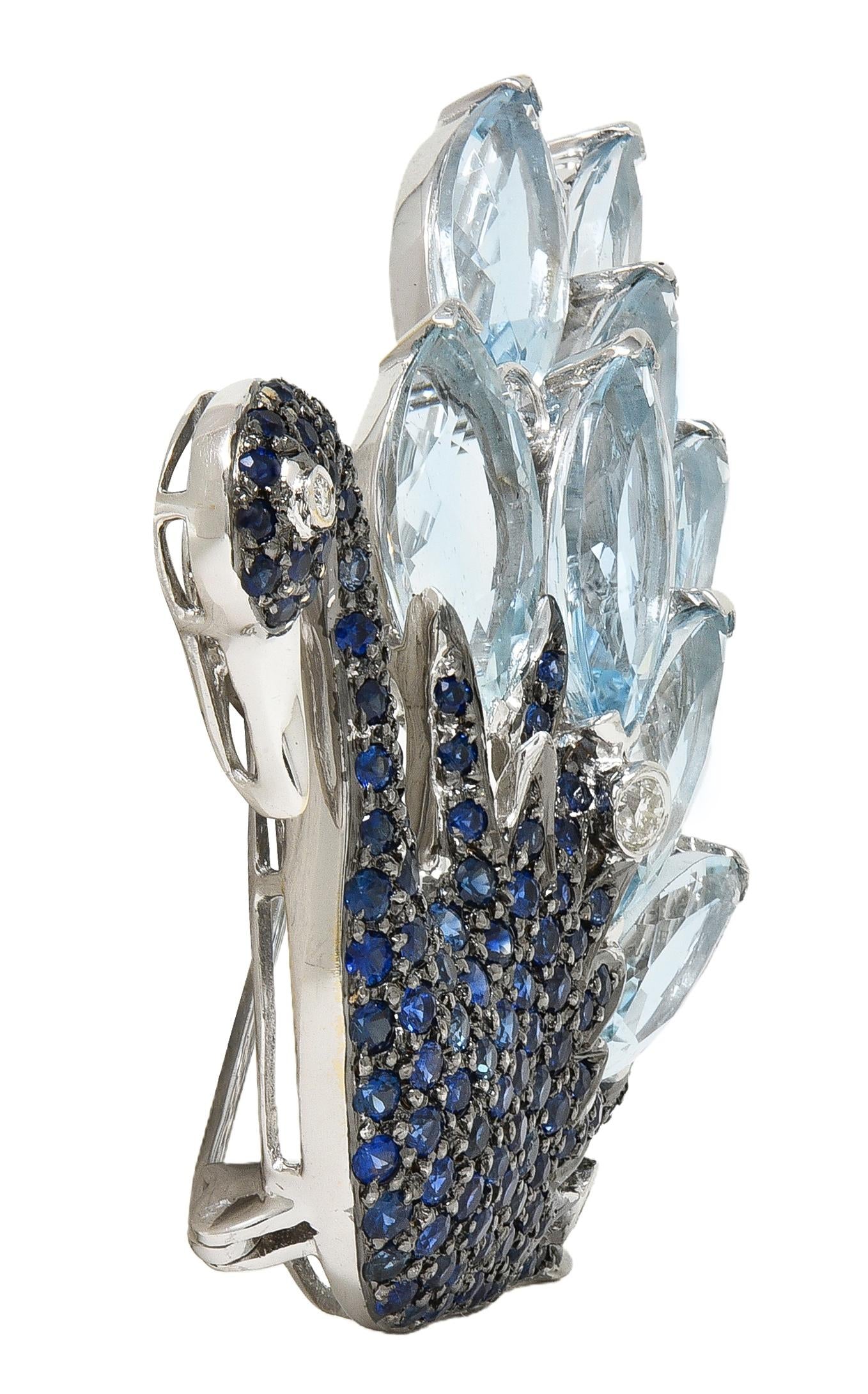 Contemporary 38.90 CTW Sapphire Aquamarine Diamond 18K White Gold Swan Brooch
