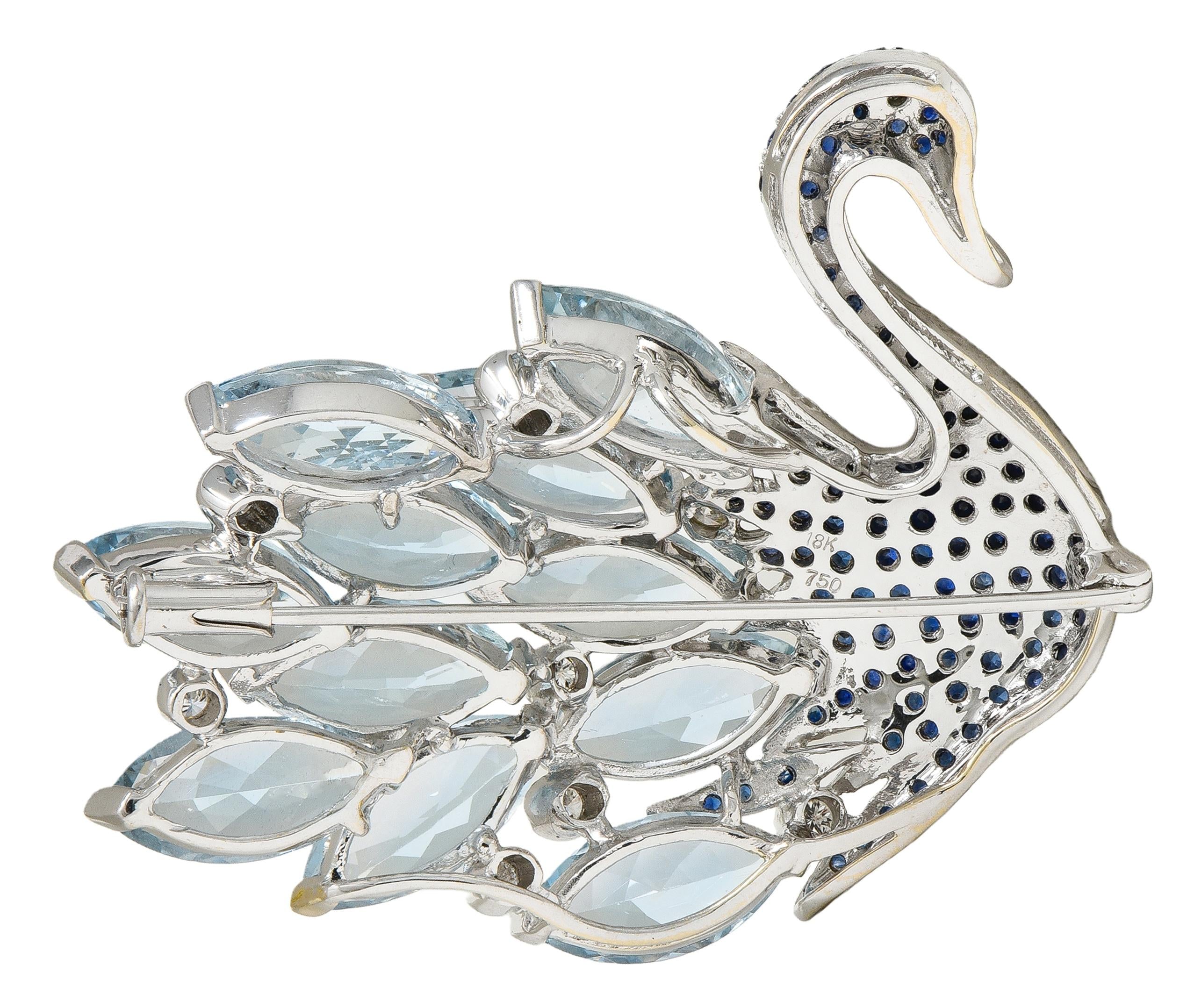 Contemporary 38.90 CTW Sapphire Aquamarine Diamond 18K White Gold Swan Brooch