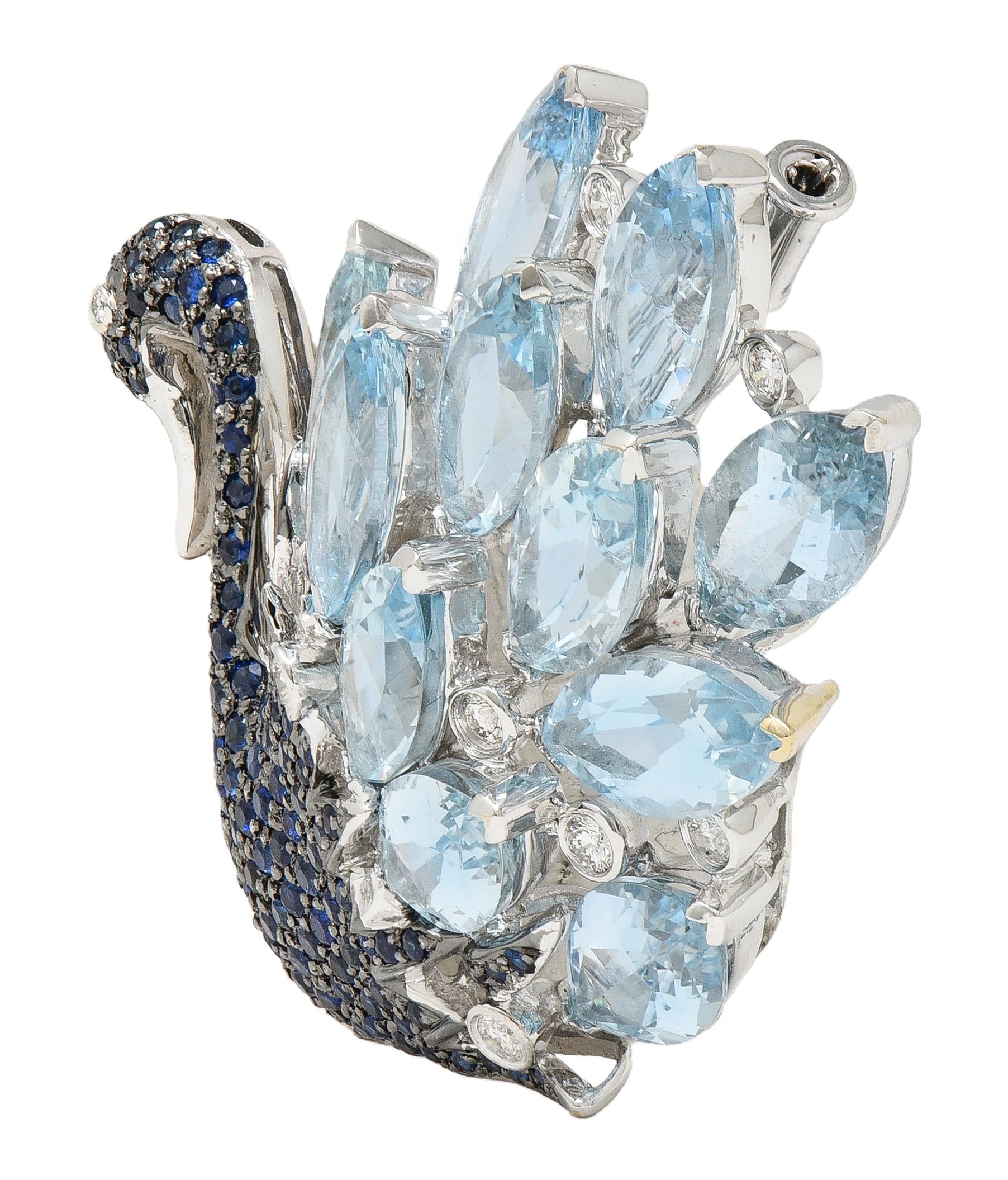 Contemporary 38.90 CTW Sapphire Aquamarine Diamond 18K White Gold Swan Brooch