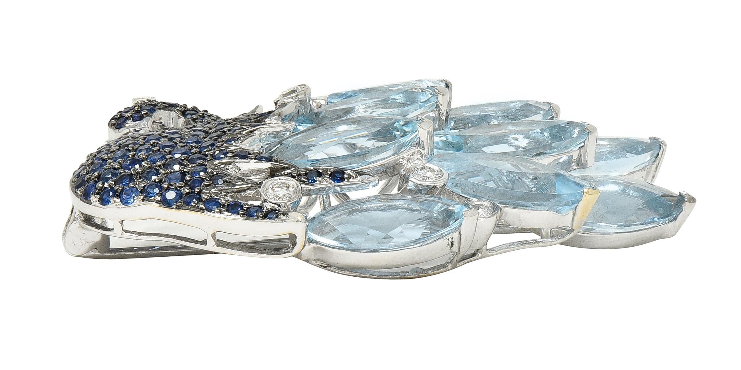 Contemporary 38.90 CTW Sapphire Aquamarine Diamond 18K White Gold Swan Brooch