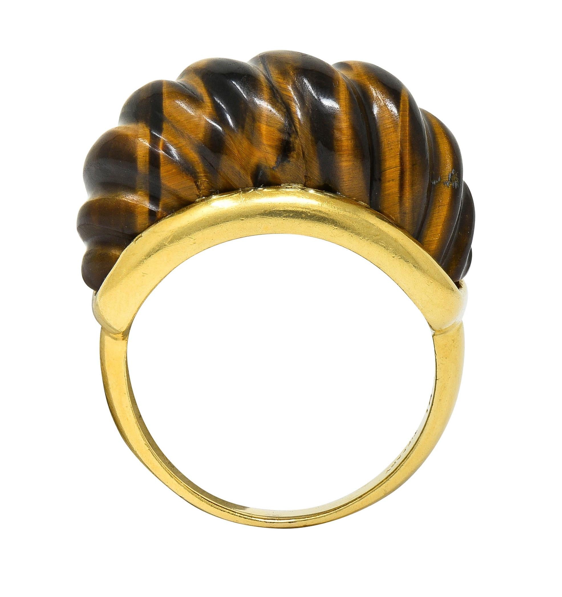 Tiffany & Co. 1970's Tiger's Eye Quartz 18K Gold Vintage Fluted Statement Ring