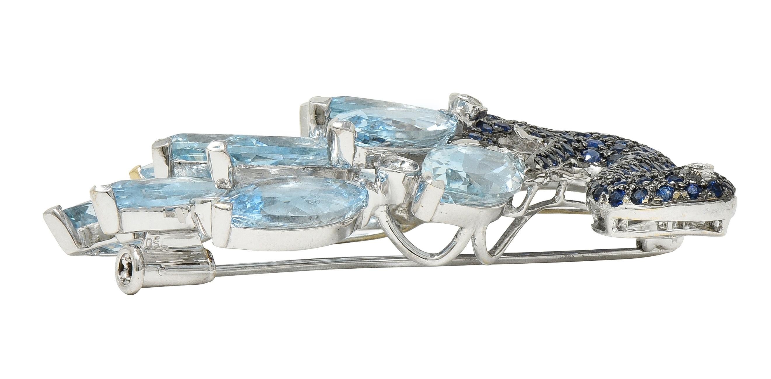 Contemporary 38.90 CTW Sapphire Aquamarine Diamond 18K White Gold Swan Brooch