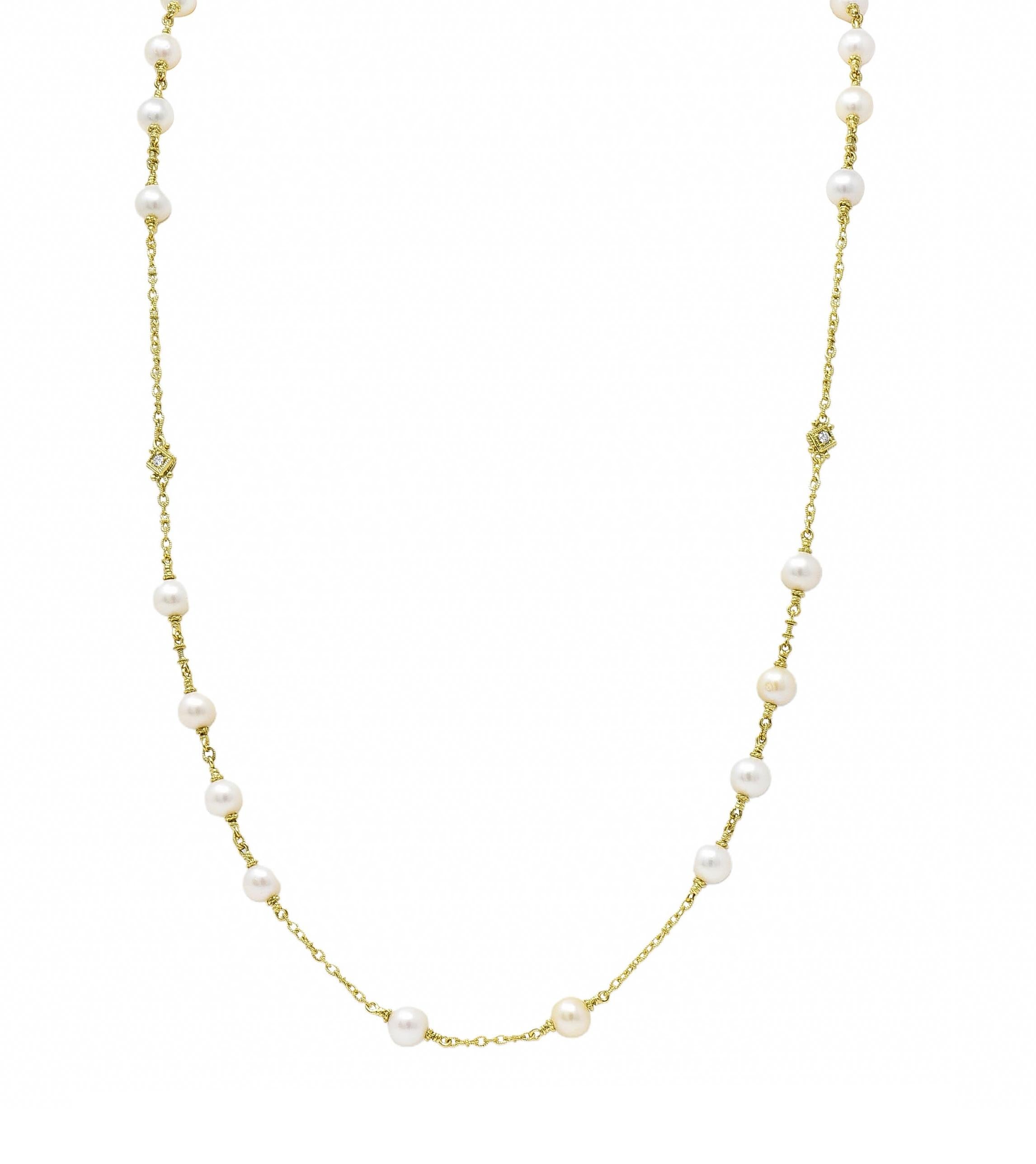 Judith Ripka 2000's Akoya Pearl Diamond 18 Karat Yellow Gold Station Necklace