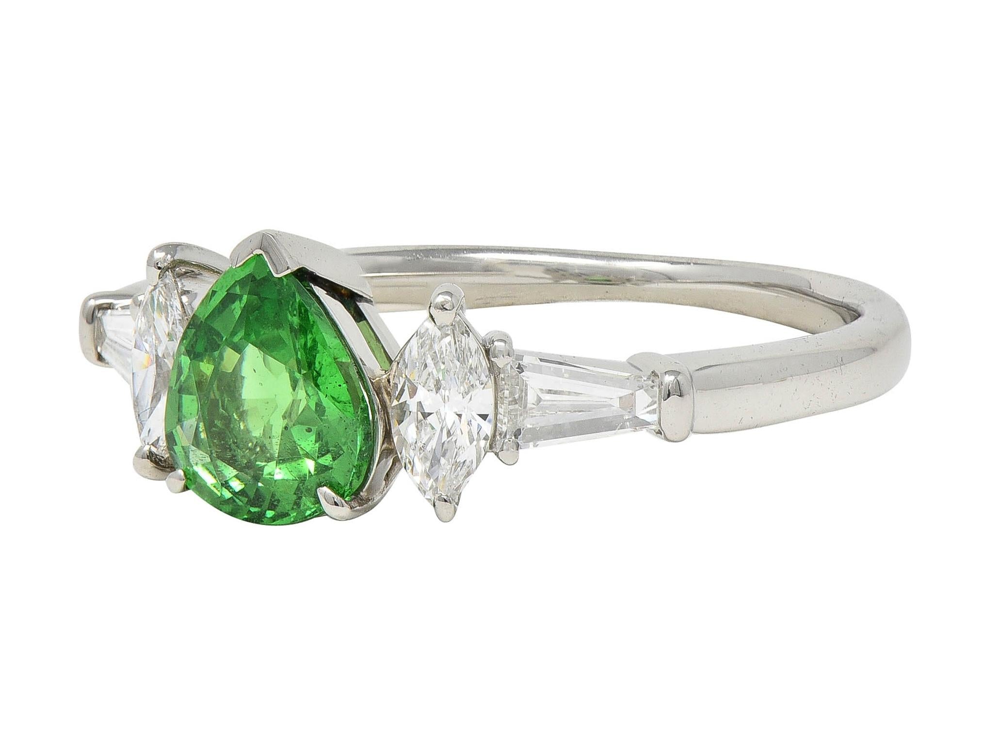 Contemporary 1.38 CTW Tsavorite Garnet Diamond Platinum Five Stone Ring