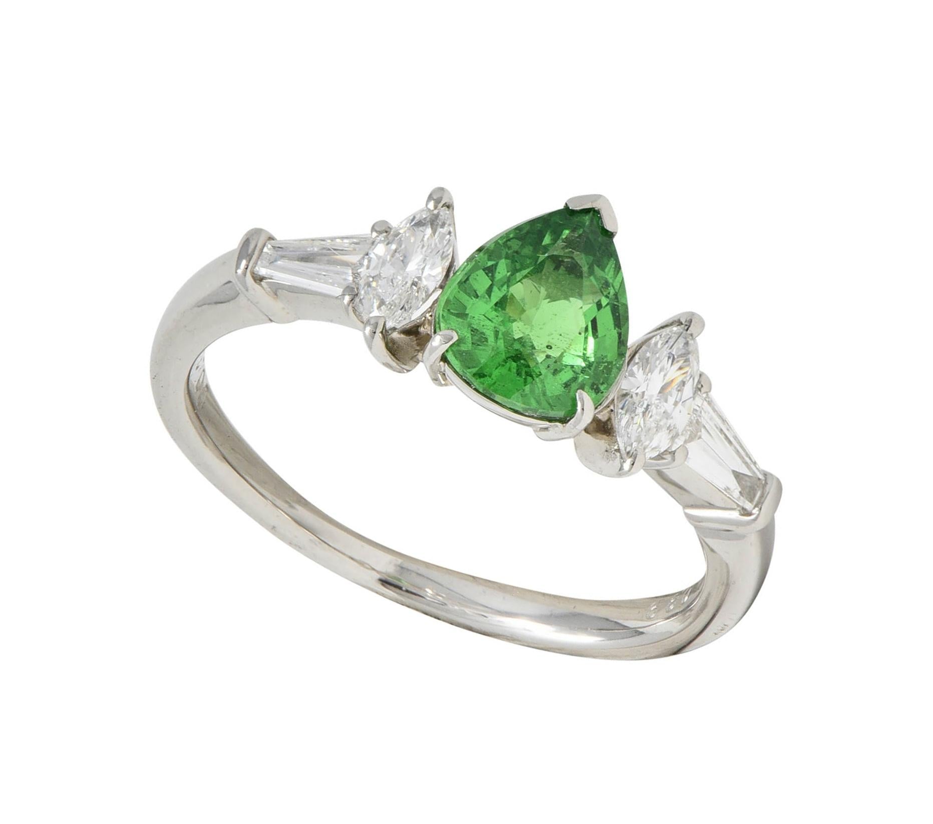 Contemporary 1.38 CTW Tsavorite Garnet Diamond Platinum Five Stone Ring