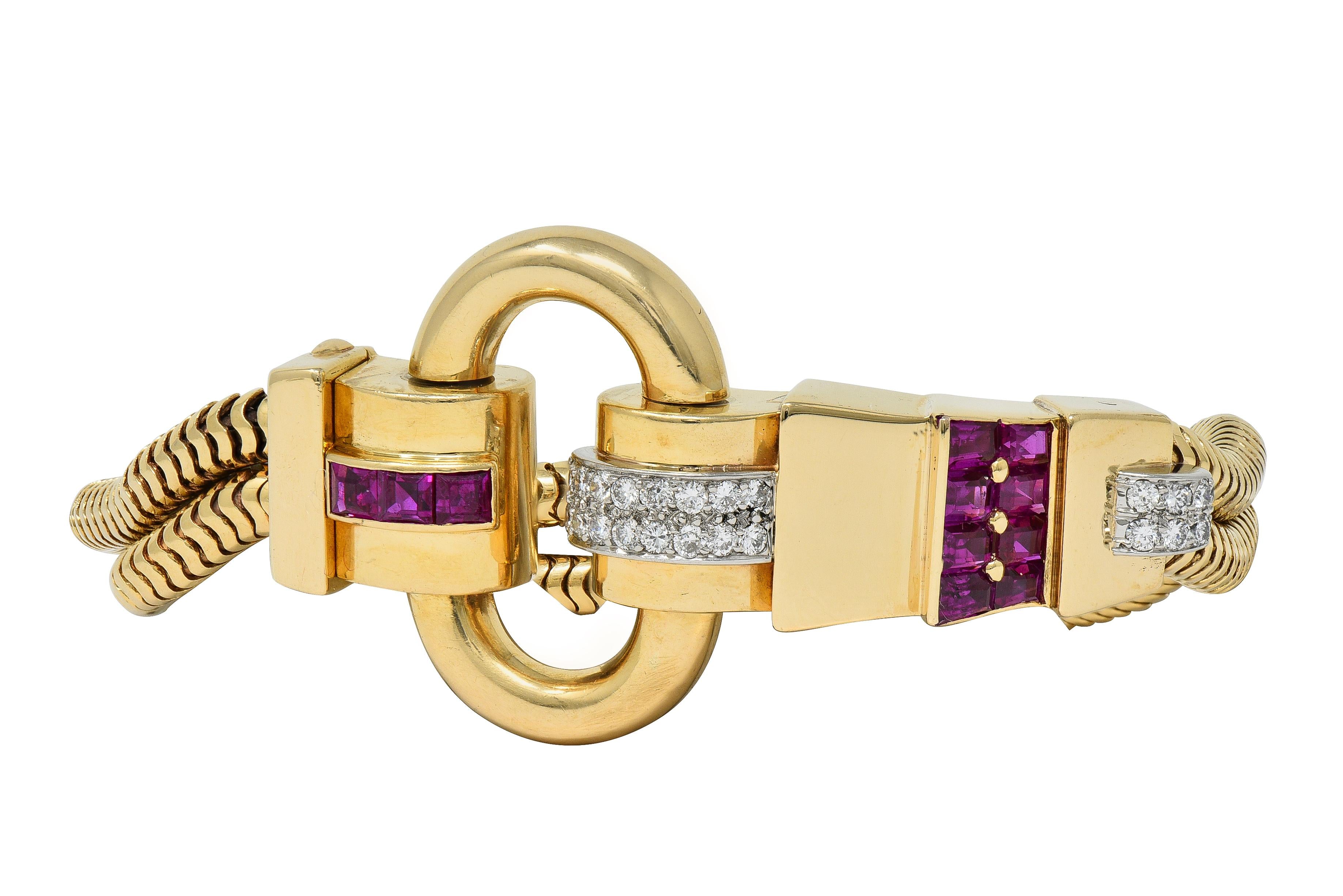 Tiffany & Co. Retro Diamond Ruby Platinum 14K Yellow Gold Buckle Bracelet