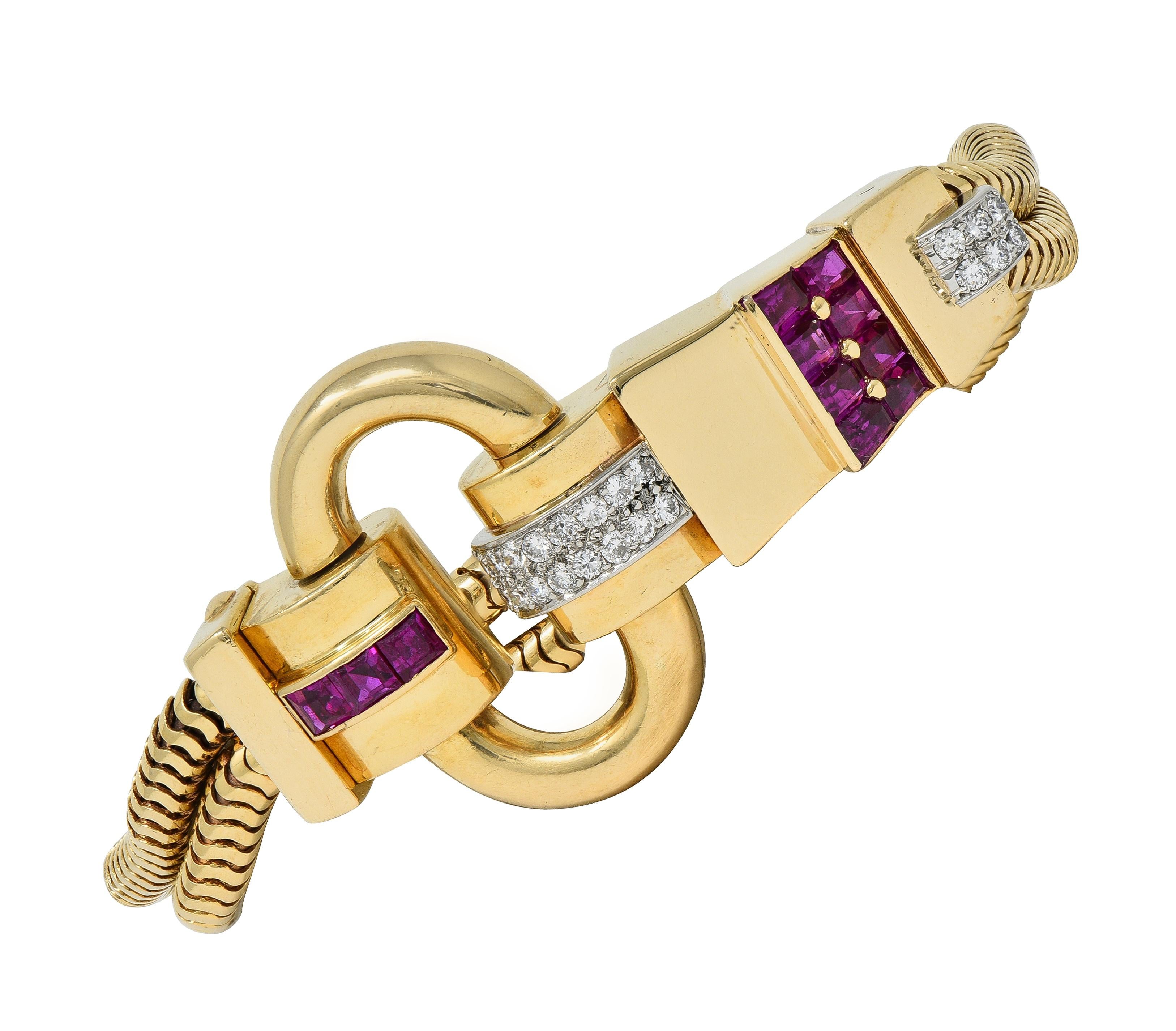 Tiffany & Co. Retro Diamond Ruby Platinum 14K Yellow Gold Buckle Bracelet