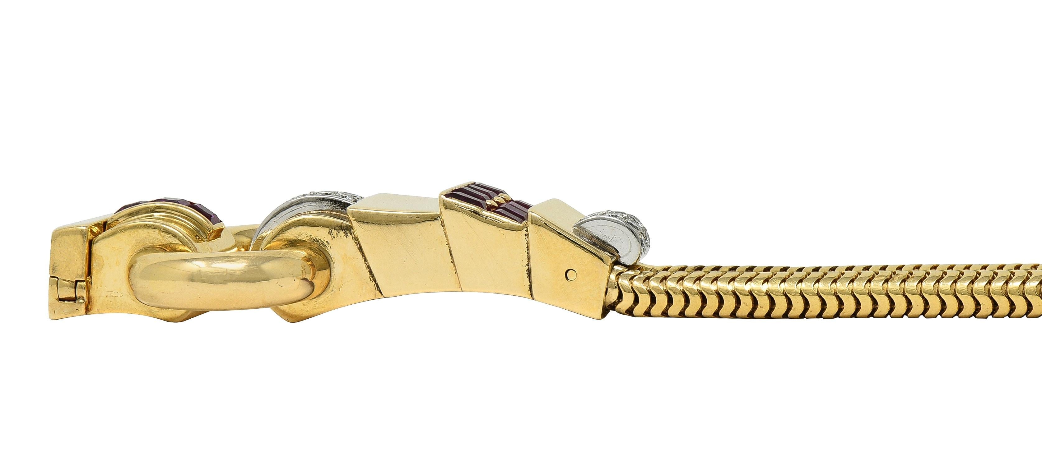 Tiffany & Co. Retro Diamond Ruby Platinum 14K Yellow Gold Buckle Bracelet