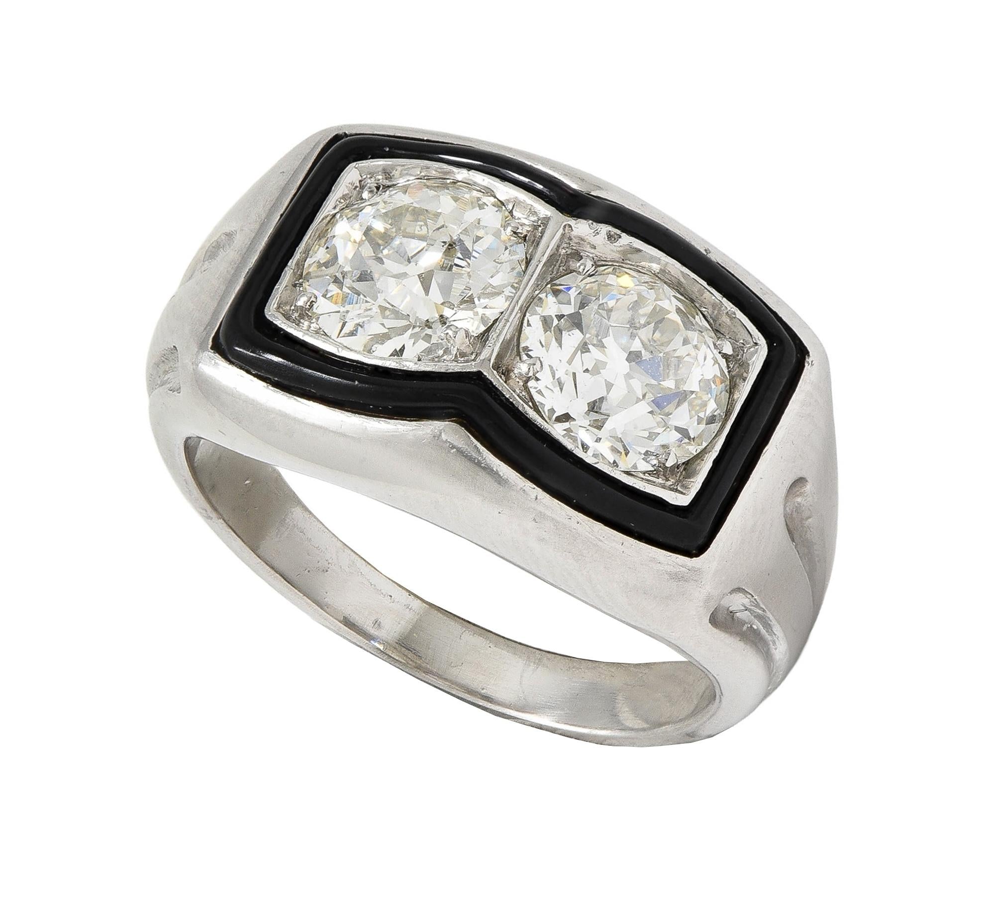 Art Deco Old European Diamond Enamel Platinum Toi-Et-Moi Vintage Unisex Ring