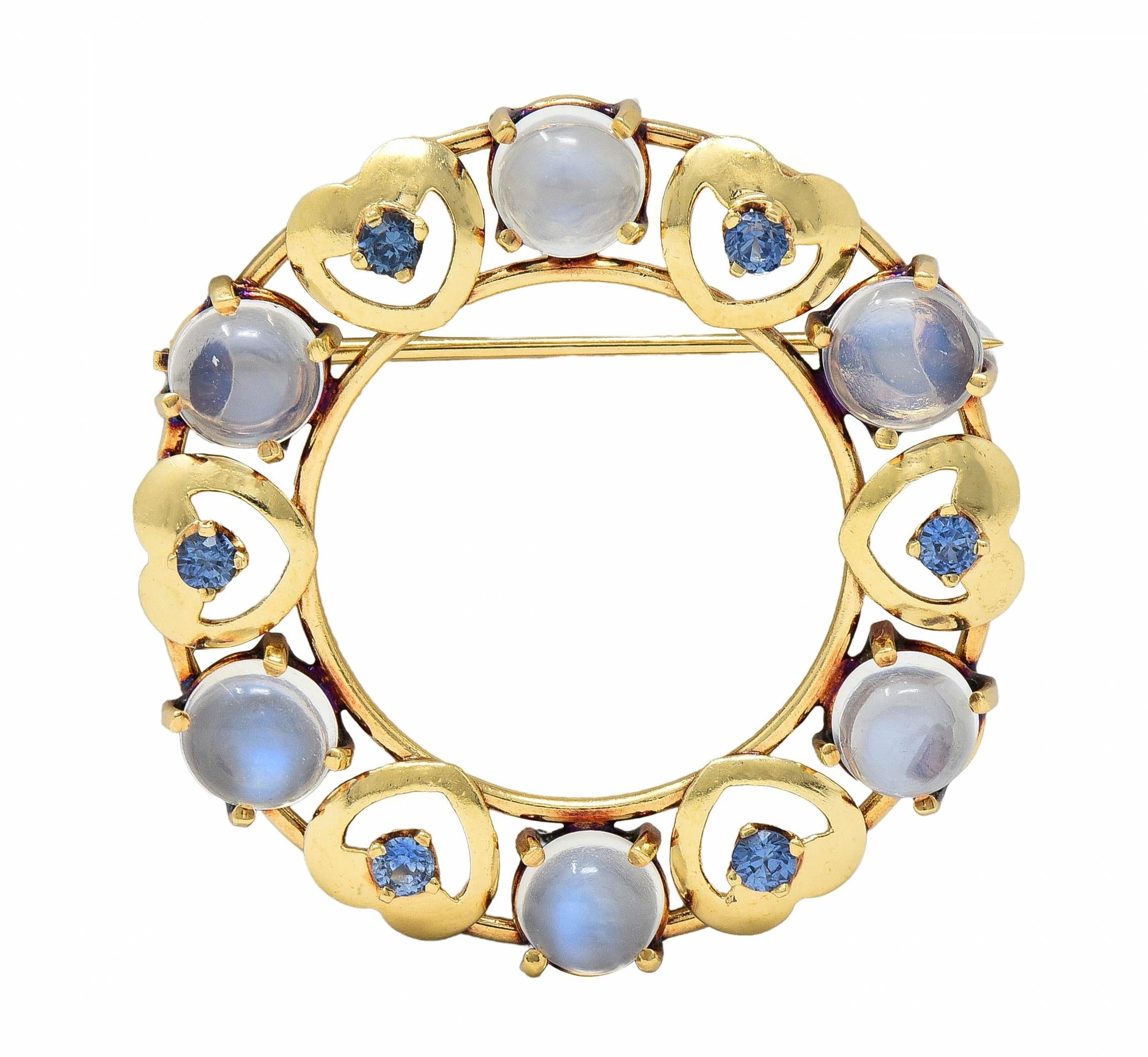 Retro Sapphire Moonstone 14 Karat Yellow Gold Vintage Heart Circle Brooch