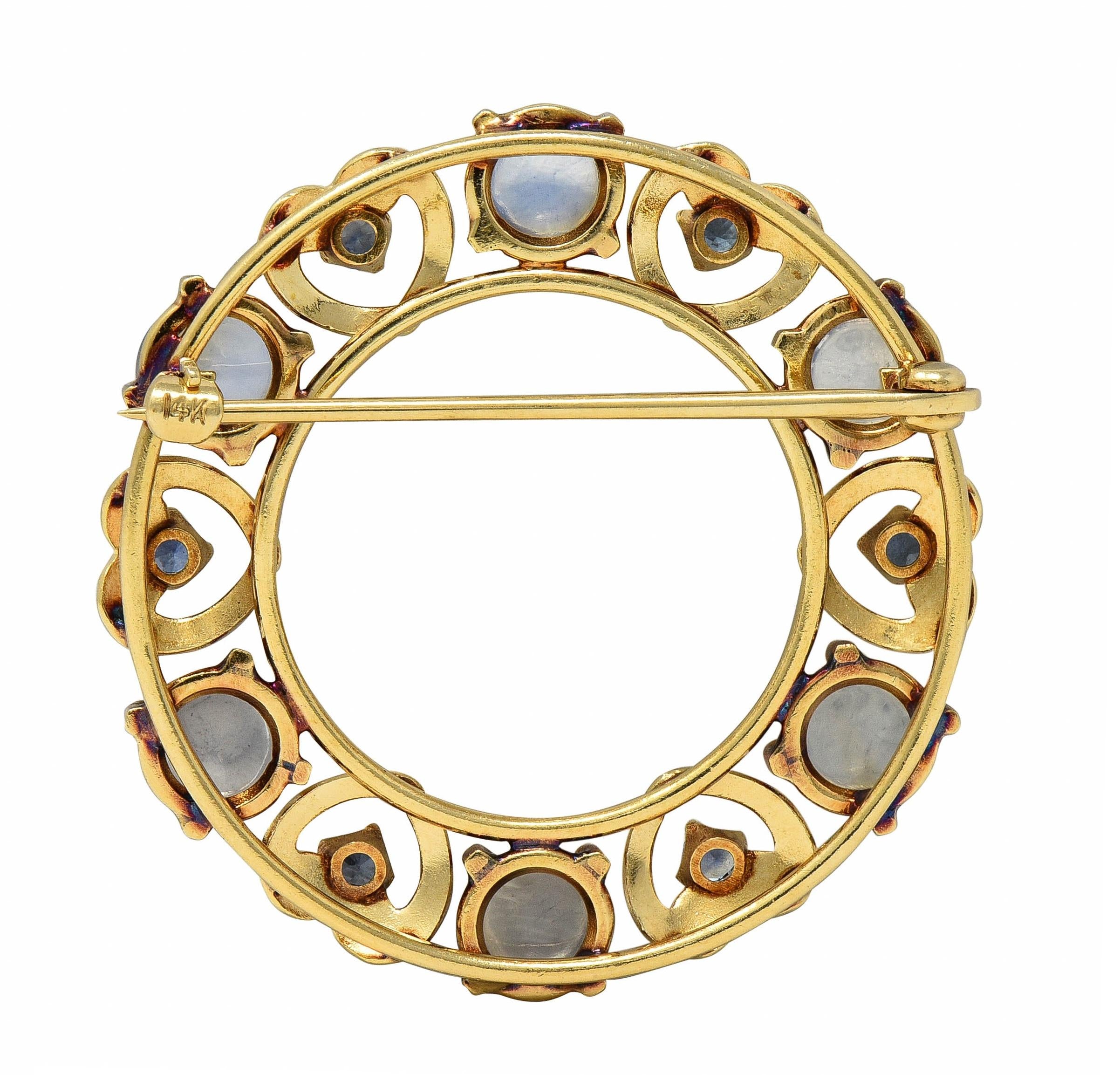 Retro Sapphire Moonstone 14 Karat Yellow Gold Vintage Heart Circle Brooch