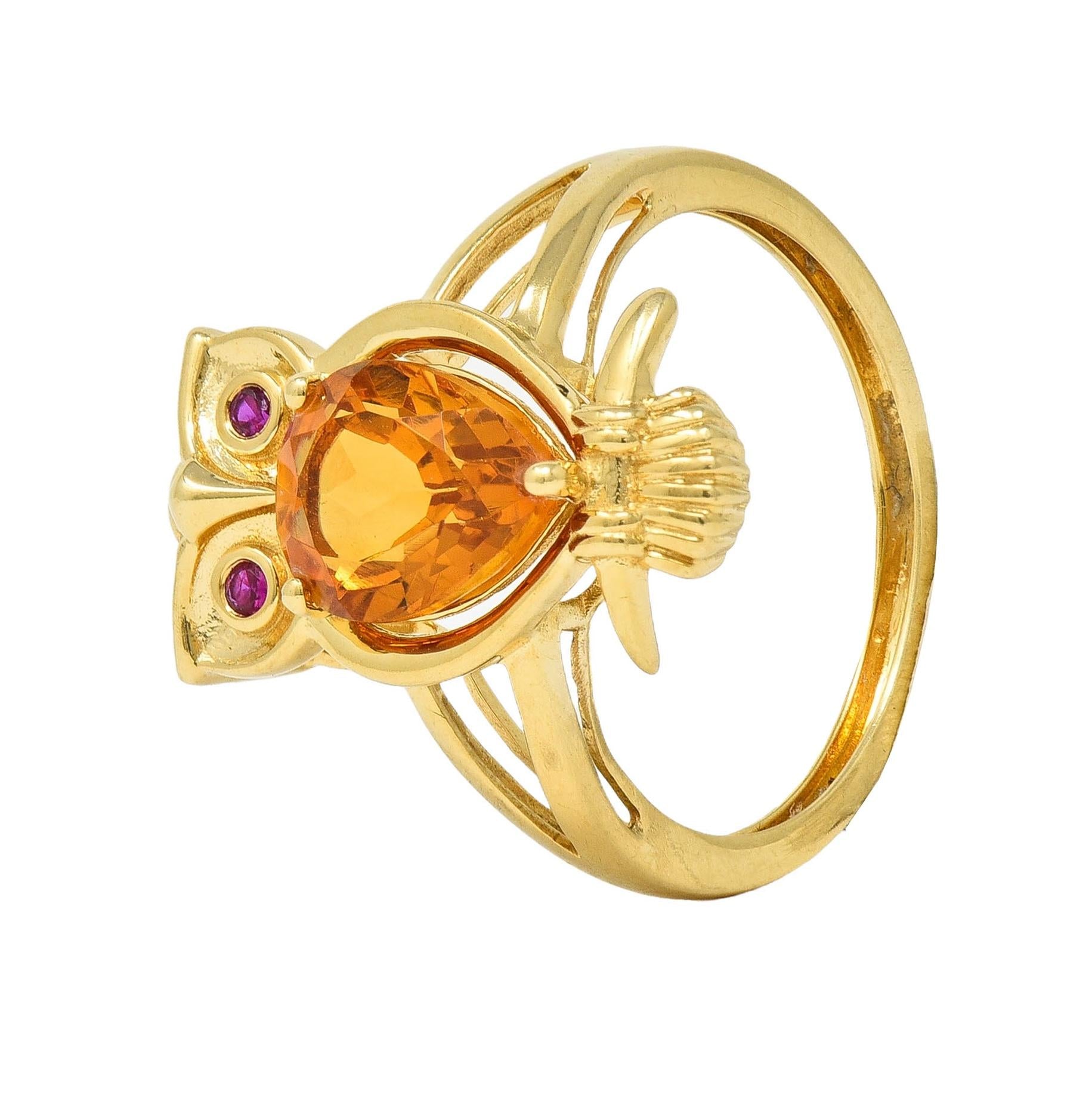 Contemporary 1.63 CTW Citrine Ruby 18 Karat Yellow Gold Owl Bird Ring