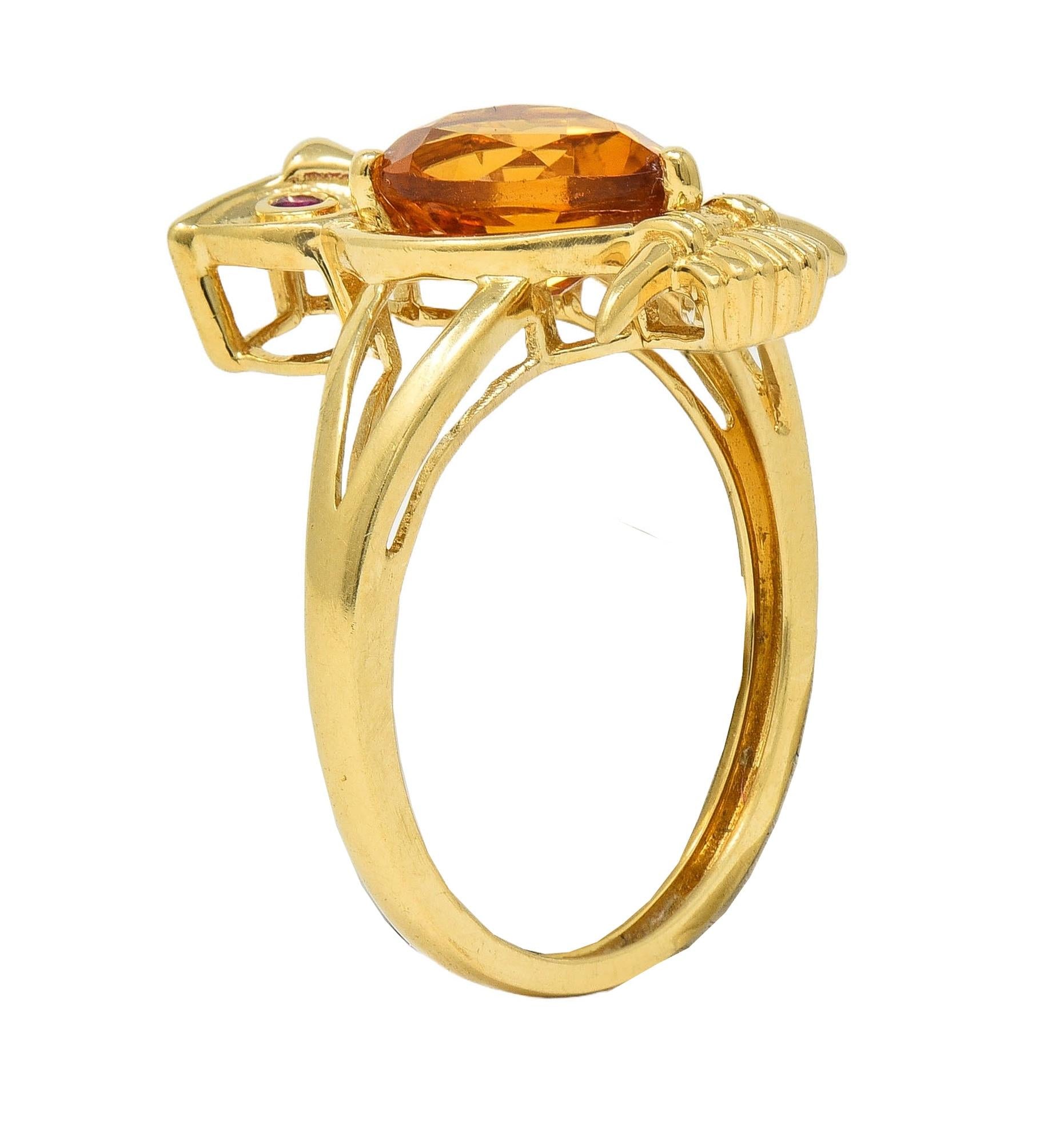 Contemporary 1.63 CTW Citrine Ruby 18 Karat Yellow Gold Owl Bird Ring