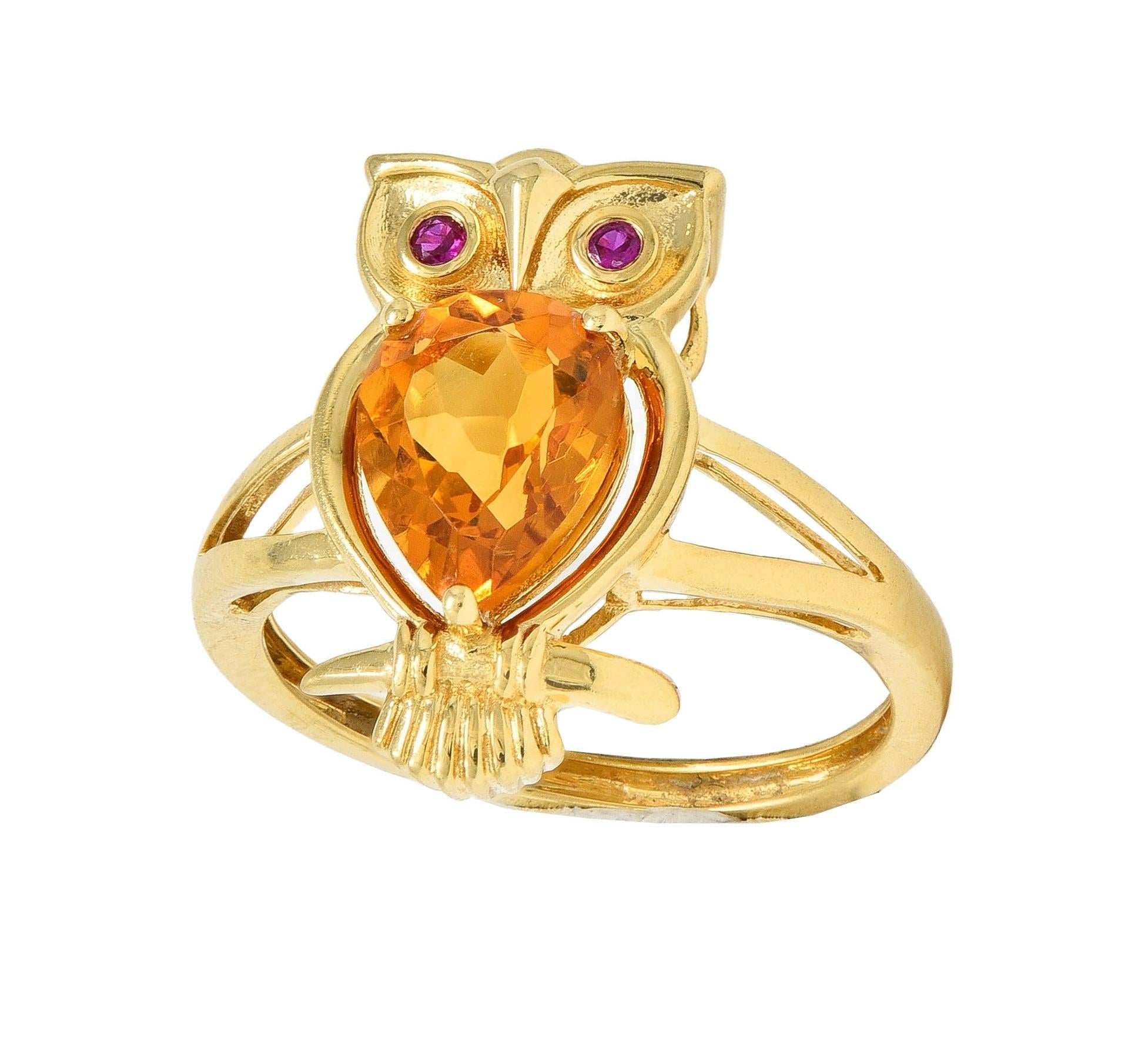 Contemporary 1.63 CTW Citrine Ruby 18 Karat Yellow Gold Owl Bird Ring