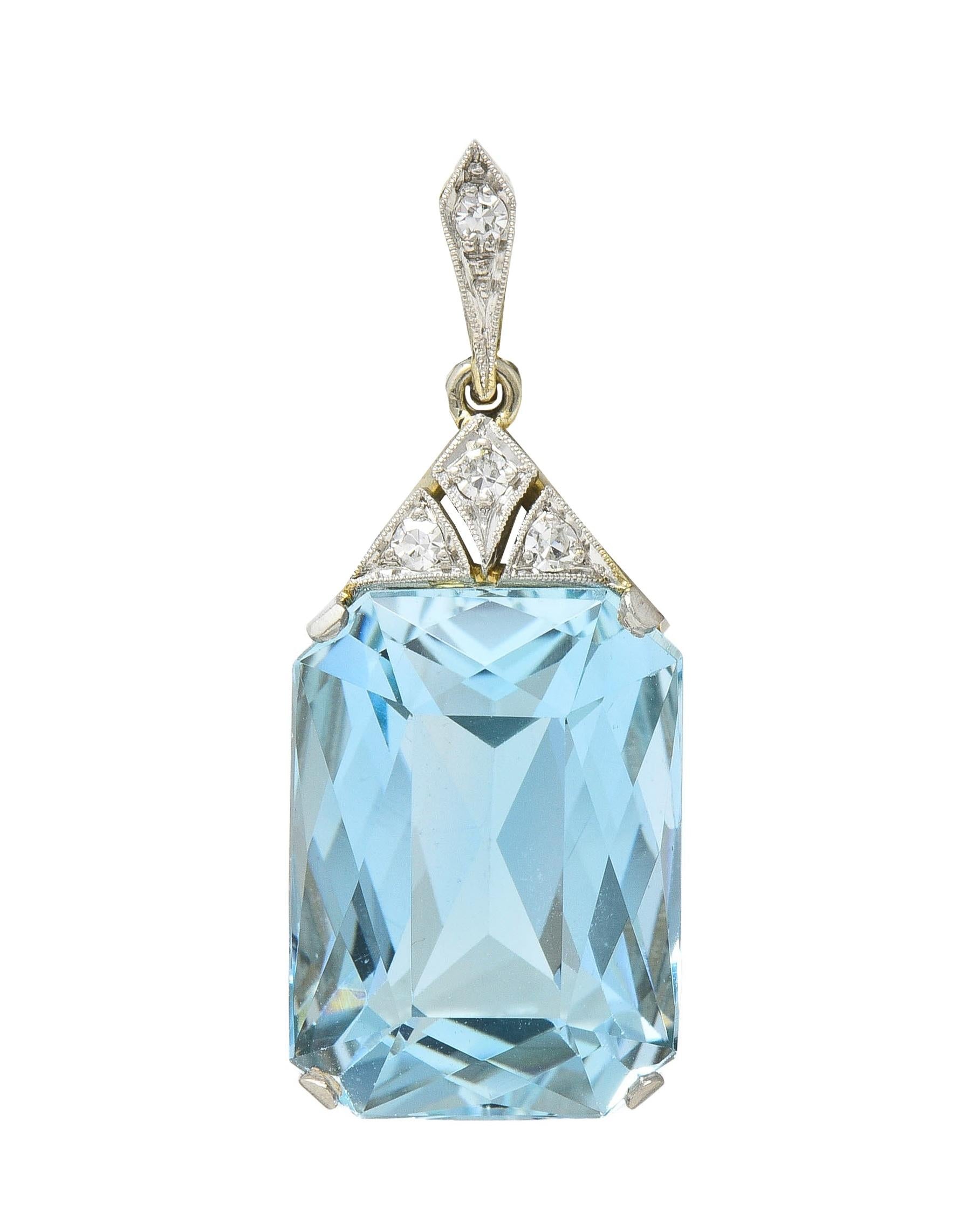 Art Deco 17.70 CTW Aquamarine Diamond Platinum 18 Karat Gold Antique Pendant