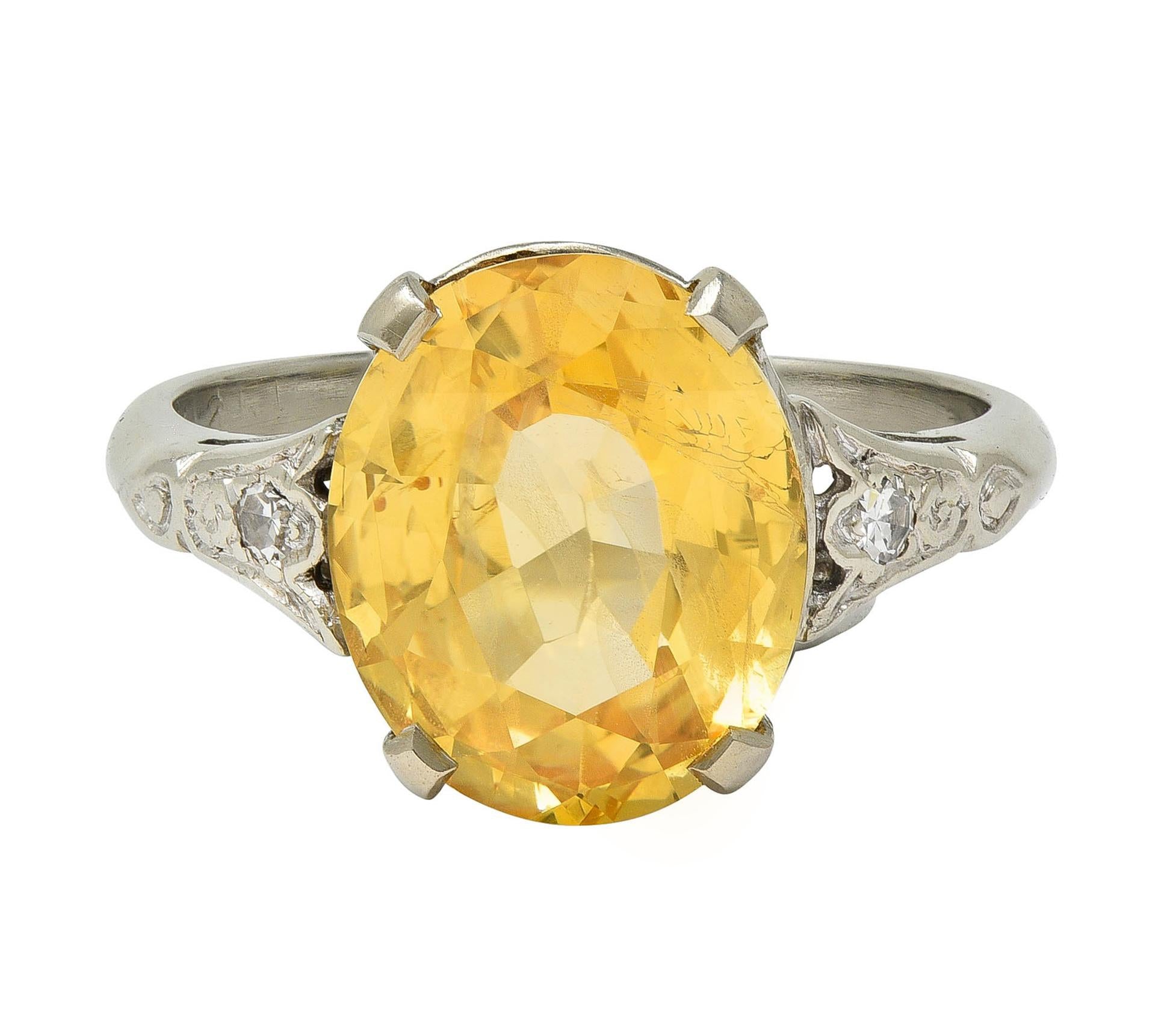 Art Deco 5.22 CTW Yellow Ceylon Sapphire Diamond 14 Karat Gold Vintage Ring GIA