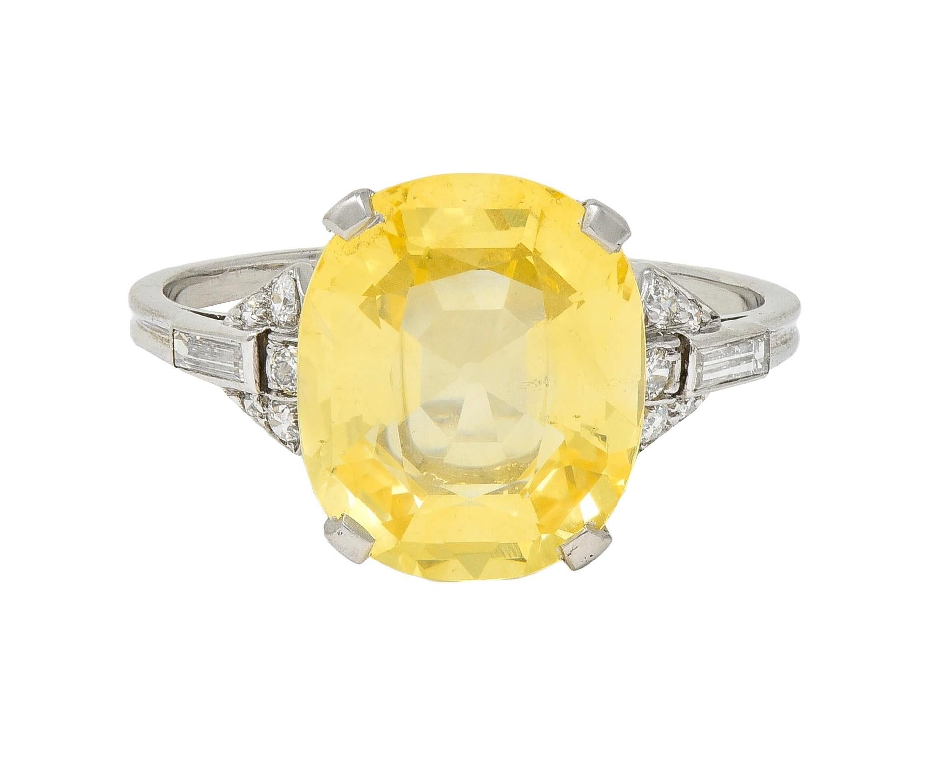 Art Deco 6.75 CTW No Heat Yellow Ceylon Sapphire Diamond Platinum Ring GIA