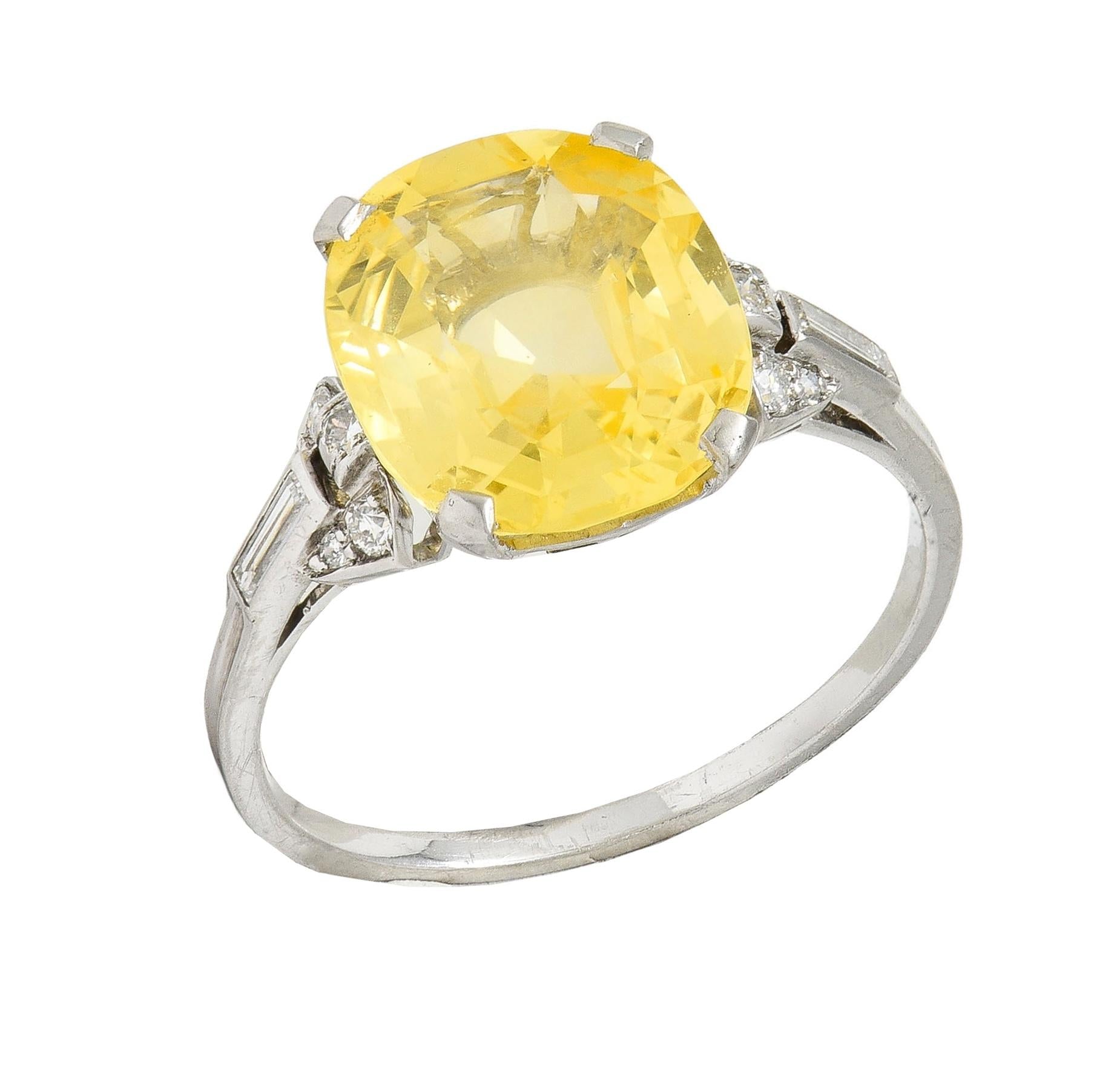 Art Deco 6.75 CTW No Heat Yellow Ceylon Sapphire Diamond Platinum Ring GIA