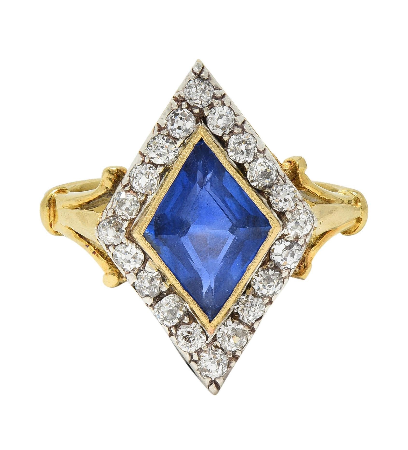 Edwardian 2.40 CTW No Heat Ceylon Sapphire Diamond Silver 18K Gold Navette Ring