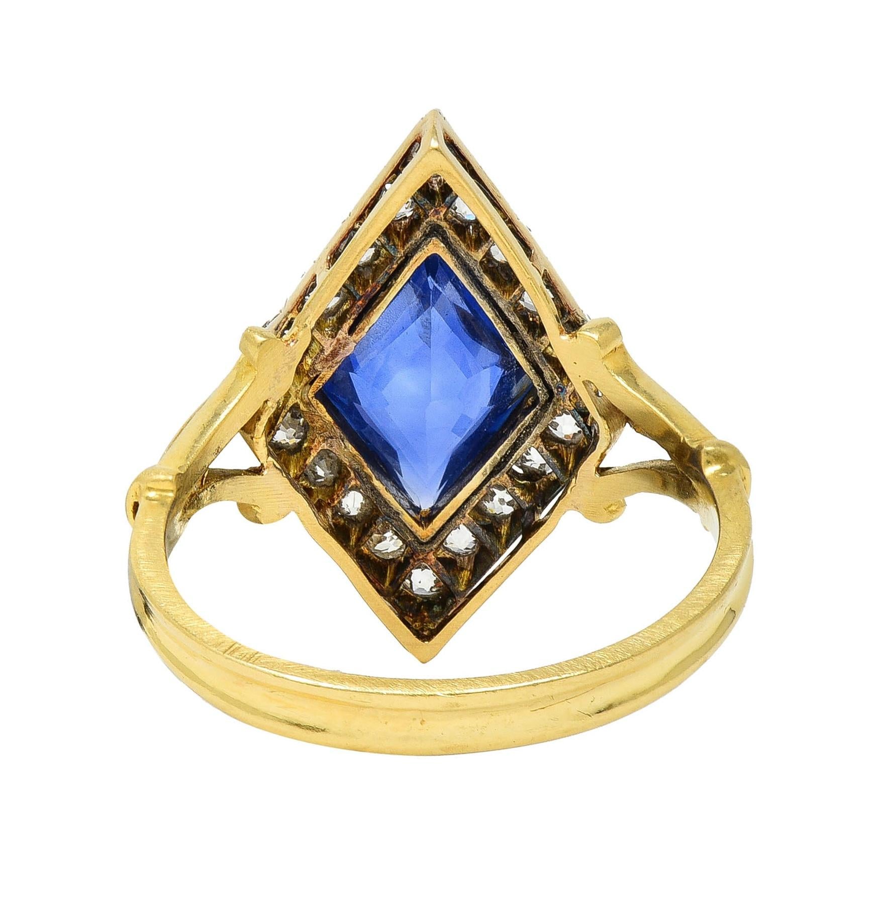 Edwardian 2.40 CTW No Heat Ceylon Sapphire Diamond Silver 18K Gold Navette Ring